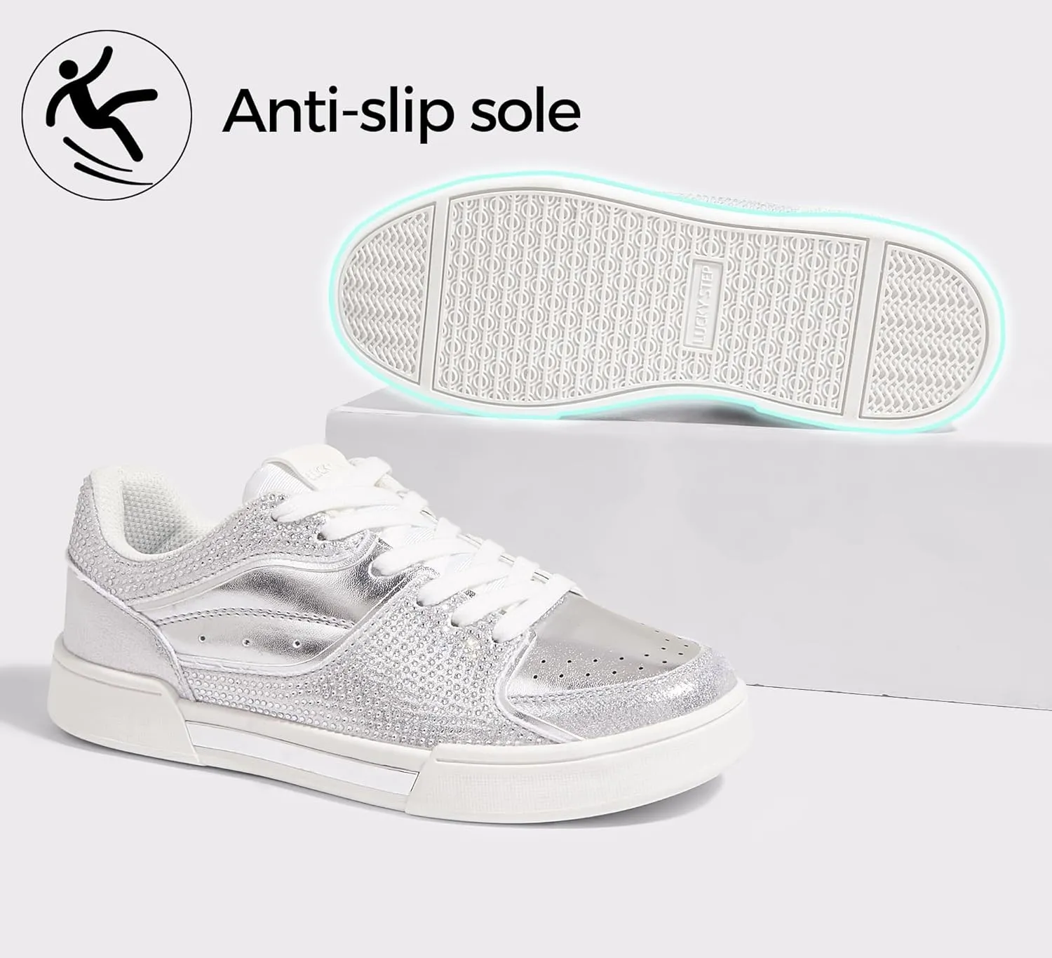 LUCKY STEP Women's Rhinestone Sneakers Sparkly Bling Glitter Wedding Tennis Shoes Fashion Casual Walking Comfortable Shiny Footwear