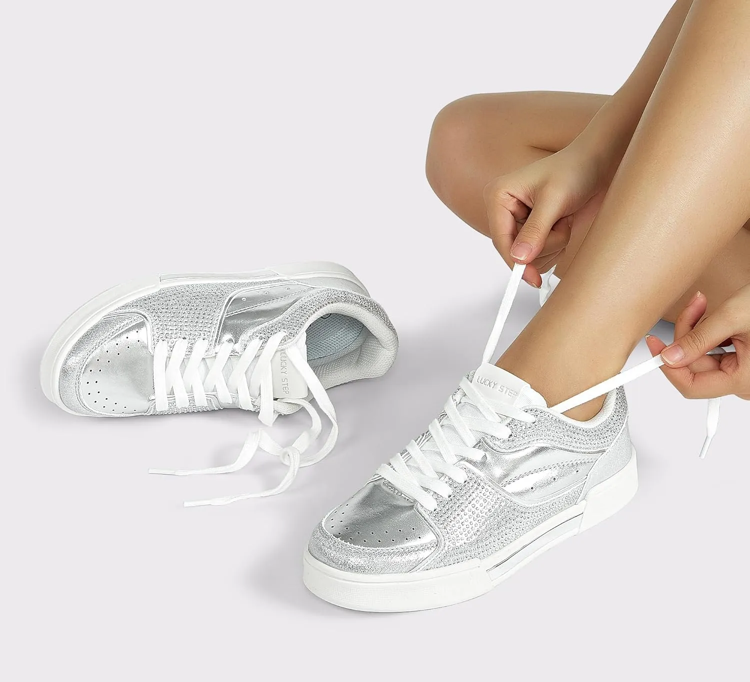 LUCKY STEP Women's Rhinestone Sneakers Sparkly Bling Glitter Wedding Tennis Shoes Fashion Casual Walking Comfortable Shiny Footwear