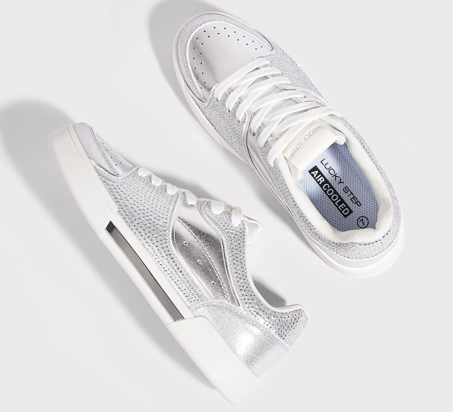 LUCKY STEP Women's Rhinestone Sneakers Sparkly Bling Glitter Wedding Tennis Shoes Fashion Casual Walking Comfortable Shiny Footwear