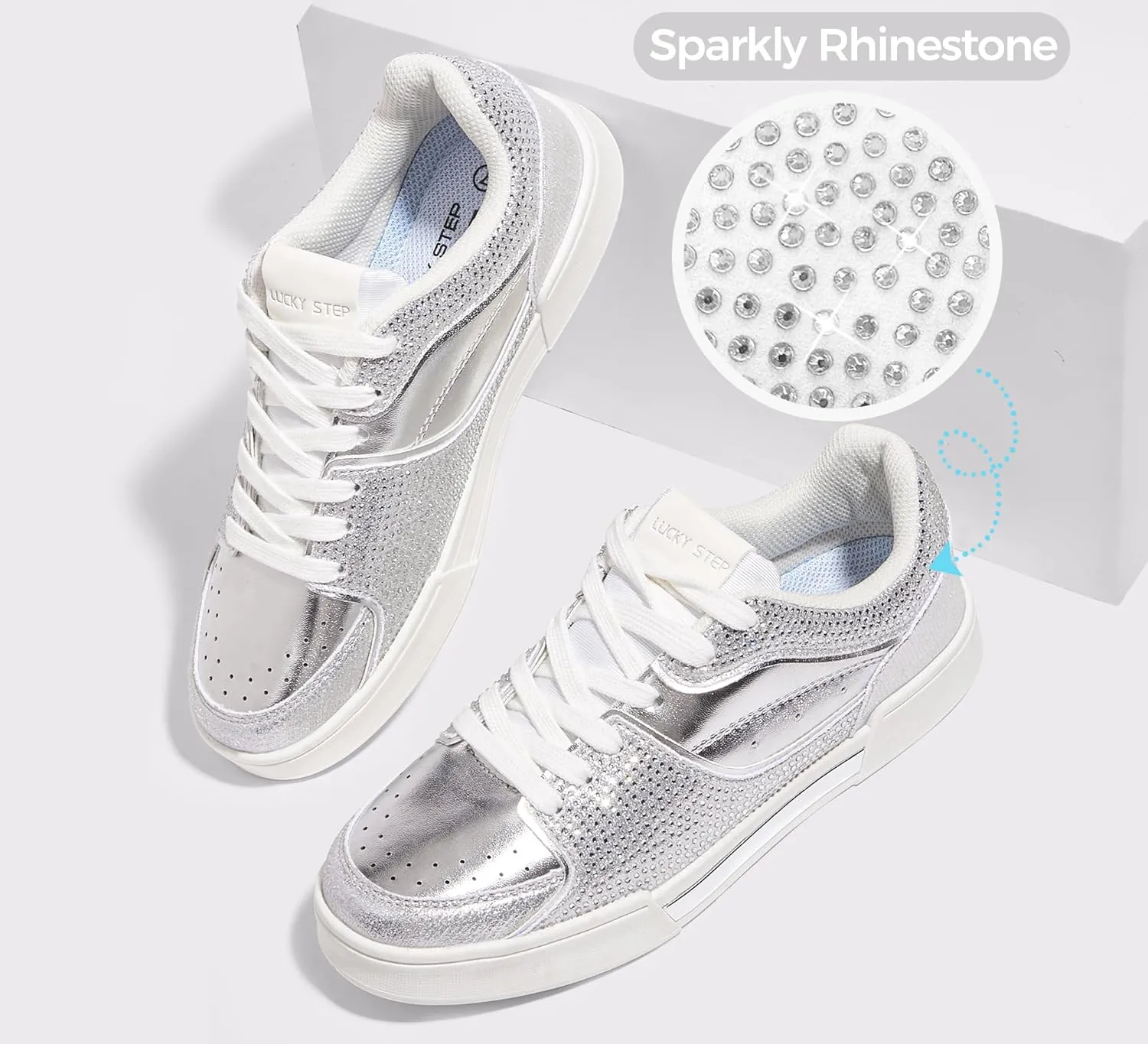 LUCKY STEP Women's Rhinestone Sneakers Sparkly Bling Glitter Wedding Tennis Shoes Fashion Casual Walking Comfortable Shiny Footwear