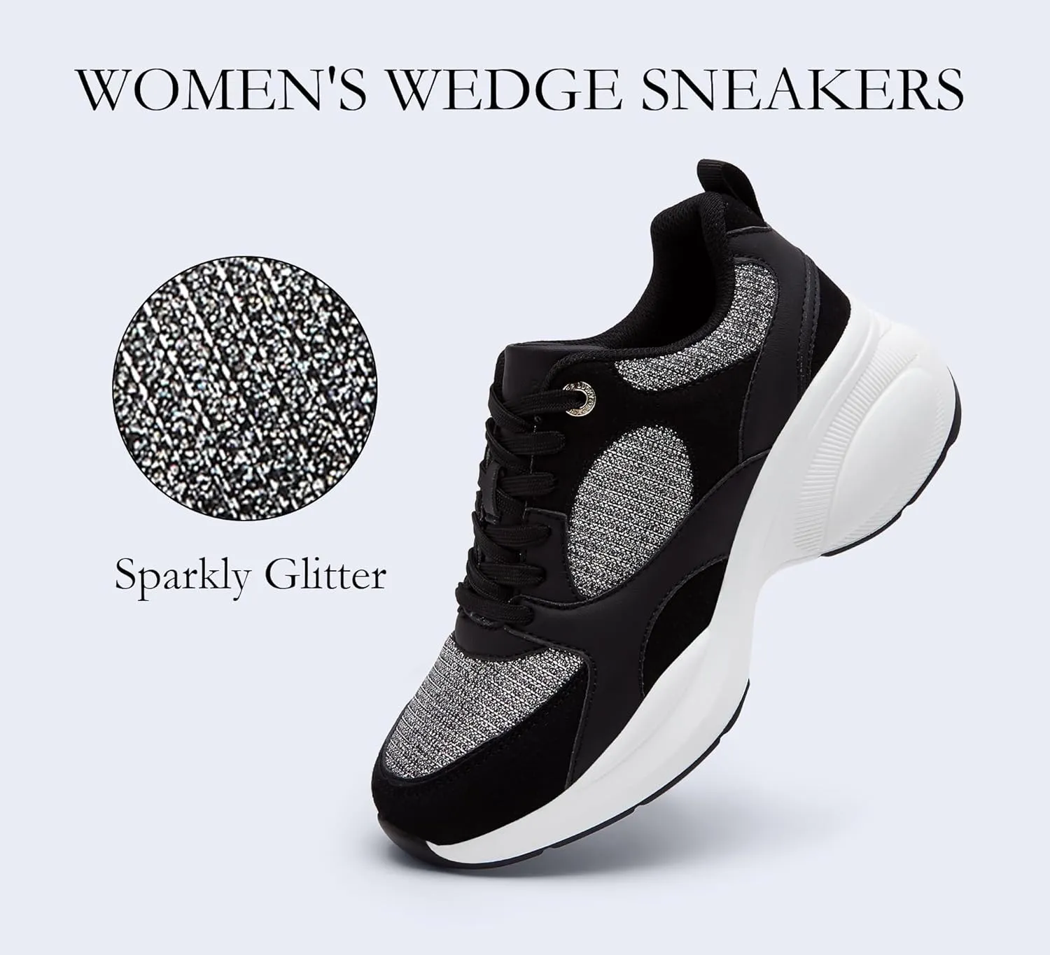 LUCKY STEP Women's Wedge Sneakers Fashion Heeled Cliff Platform Glitter Lace Up Metallic Casual Shoes