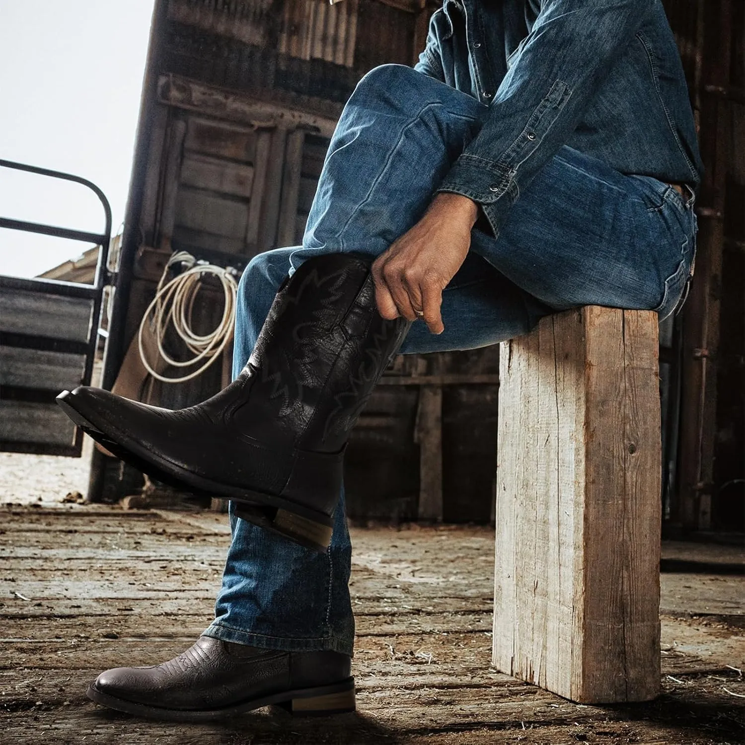 Lumeheel Cowboy Boots for Men - Western Men's Boots with Classic Embroidered, Slip on Square Toe Boots, Slip Resistant Country Boots Chunky Heel Ankle, Durable Short Boots for Spring Fall