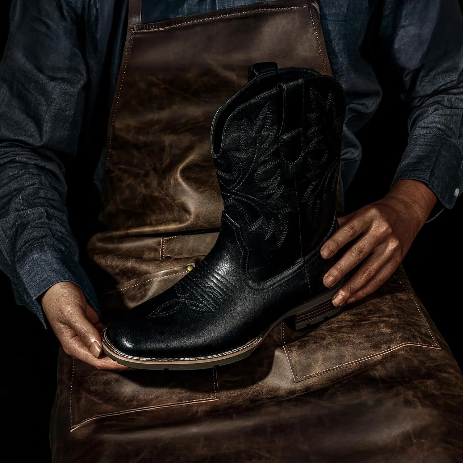 Lumeheel Cowboy Boots for Men - Western Men's Boots with Classic Embroidered, Slip on Square Toe Boots, Slip Resistant Country Boots Chunky Heel Ankle, Durable Short Boots for Spring Fall
