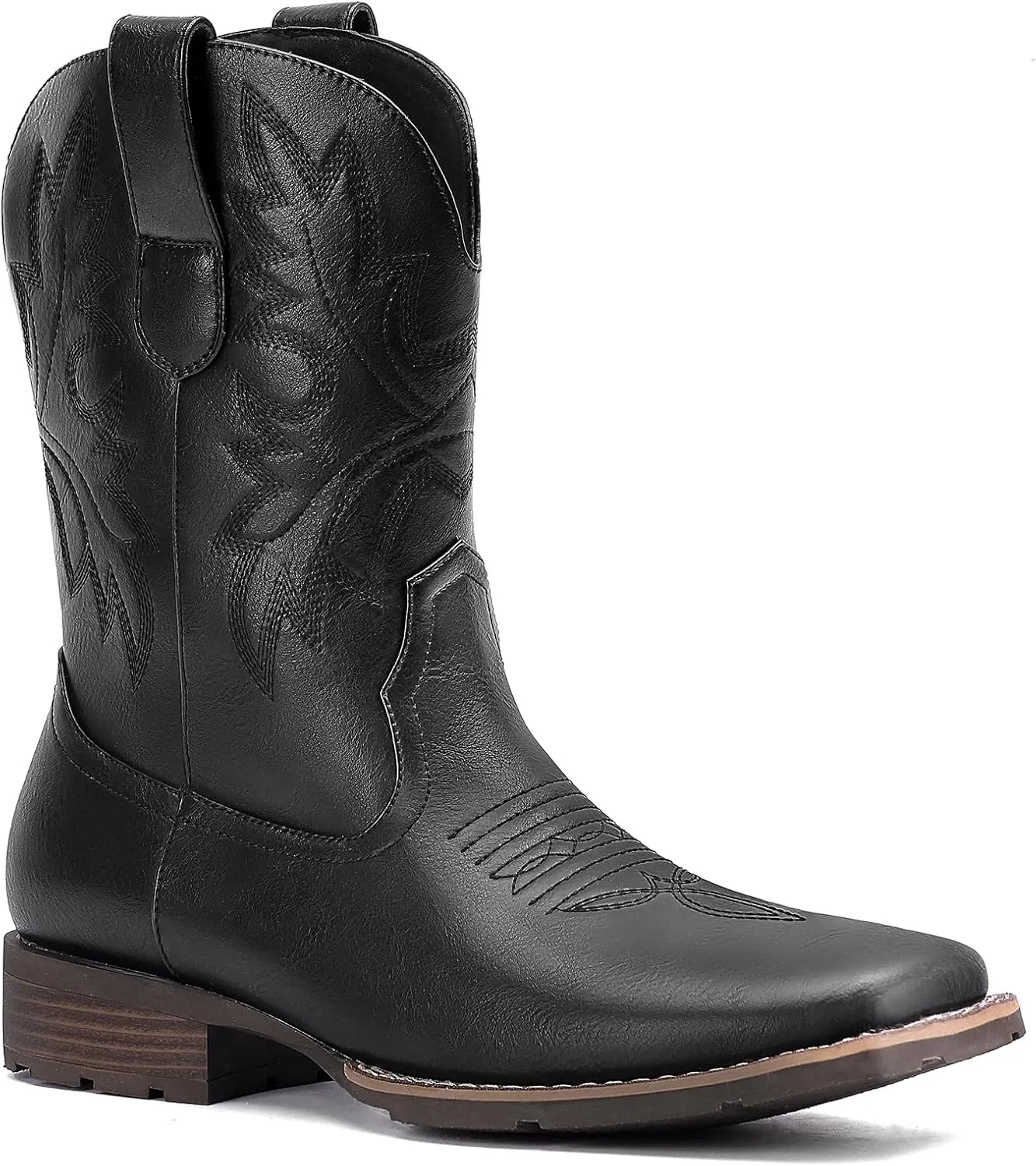 Lumeheel Cowboy Boots for Men - Western Men's Boots with Classic Embroidered, Slip on Square Toe Boots, Slip Resistant Country Boots Chunky Heel Ankle, Durable Short Boots for Spring Fall