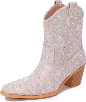 Lumeheel Rhinestone Cowboy Boots for Women - Sparkly Cowgirl Boots Wide Calf Glitter Bling Women's Western Boots Bedazzled Mid Calf Knee High Boots Bejeweled Shiny Boots Diamond Chunky Heel