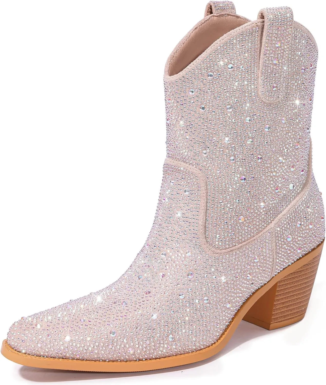 Lumeheel Rhinestone Cowboy Boots for Women - Sparkly Cowgirl Boots Wide Calf Glitter Bling Women's Western Boots Bedazzled Mid Calf Knee High Boots Bejeweled Shiny Boots Diamond Chunky Heel