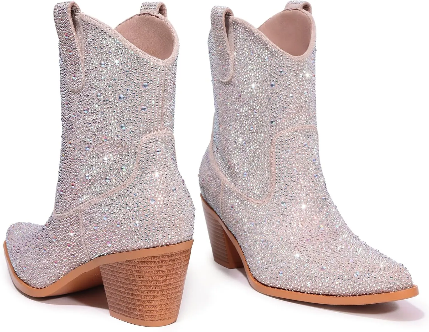 Lumeheel Rhinestone Cowboy Boots for Women - Sparkly Cowgirl Boots Wide Calf Glitter Bling Women's Western Boots Bedazzled Mid Calf Knee High Boots Bejeweled Shiny Boots Diamond Chunky Heel