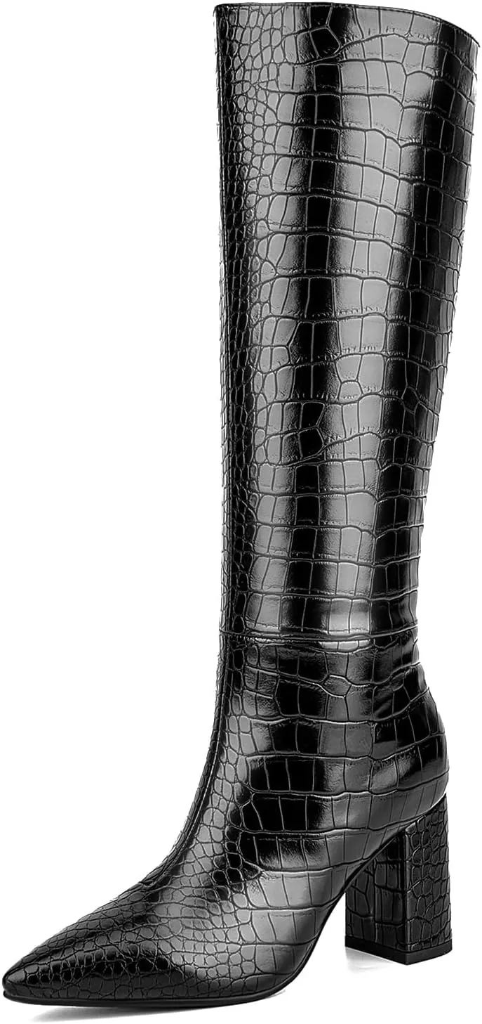 Lumeheel Women's Knee High Boots - Black Faux Crocodile Leather Tall Zipper Pointed Toe Block Heel Boots for Fall