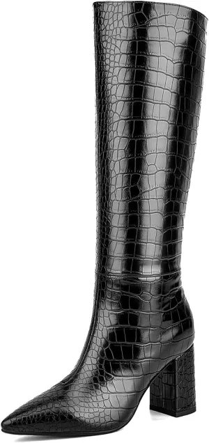 Lumeheel Women's Knee High Boots - Black Faux Crocodile Leather Tall Zipper Pointed Toe Block Heel Boots for Fall