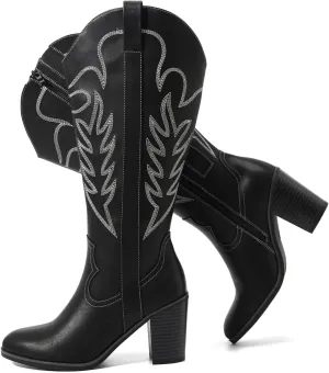 Luoika Women's Extra Wide Calf Cowboy Knee High Boots，Wide Width Cowgirl Boots Chunky Pump Heel Plus Size Western Tall Boots.