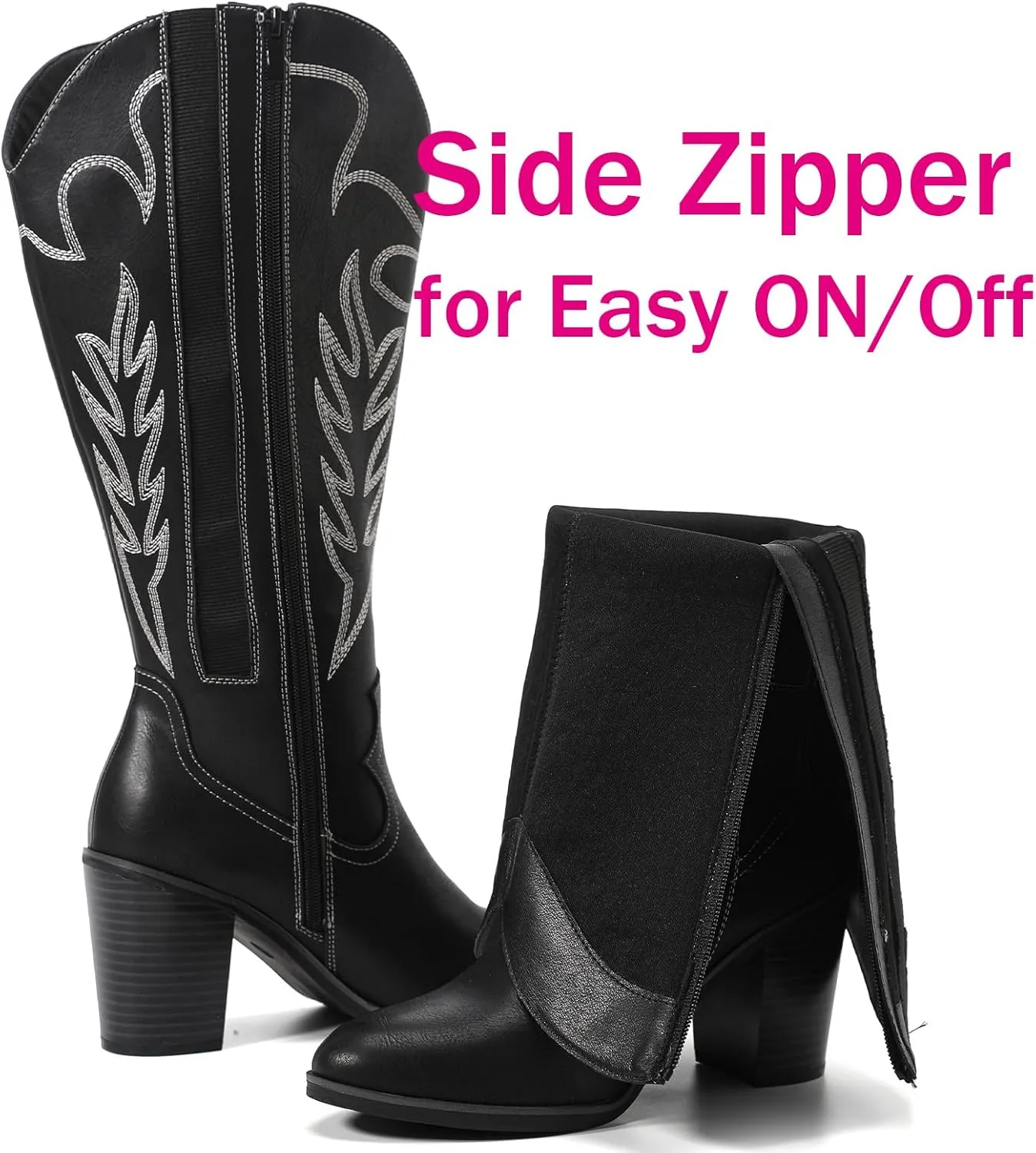 Luoika Women's Extra Wide Calf Cowboy Knee High Boots，Wide Width Cowgirl Boots Chunky Pump Heel Plus Size Western Tall Boots.