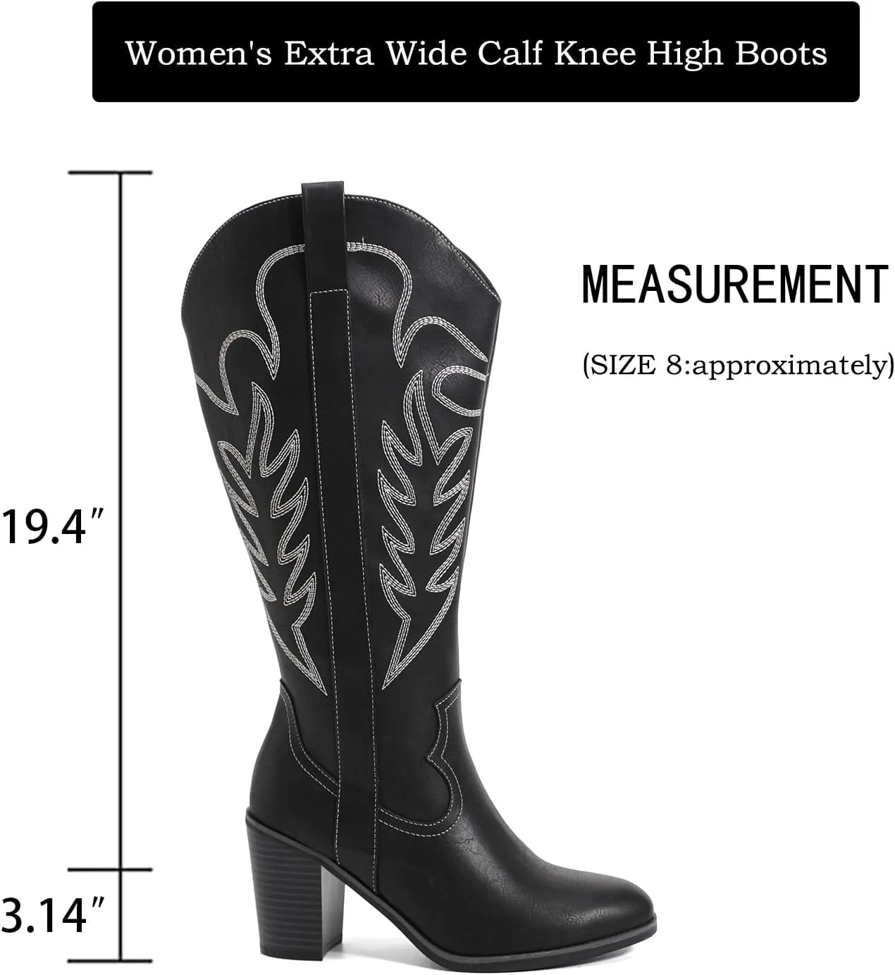 Luoika Women's Extra Wide Calf Cowboy Knee High Boots，Wide Width Cowgirl Boots Chunky Pump Heel Plus Size Western Tall Boots.