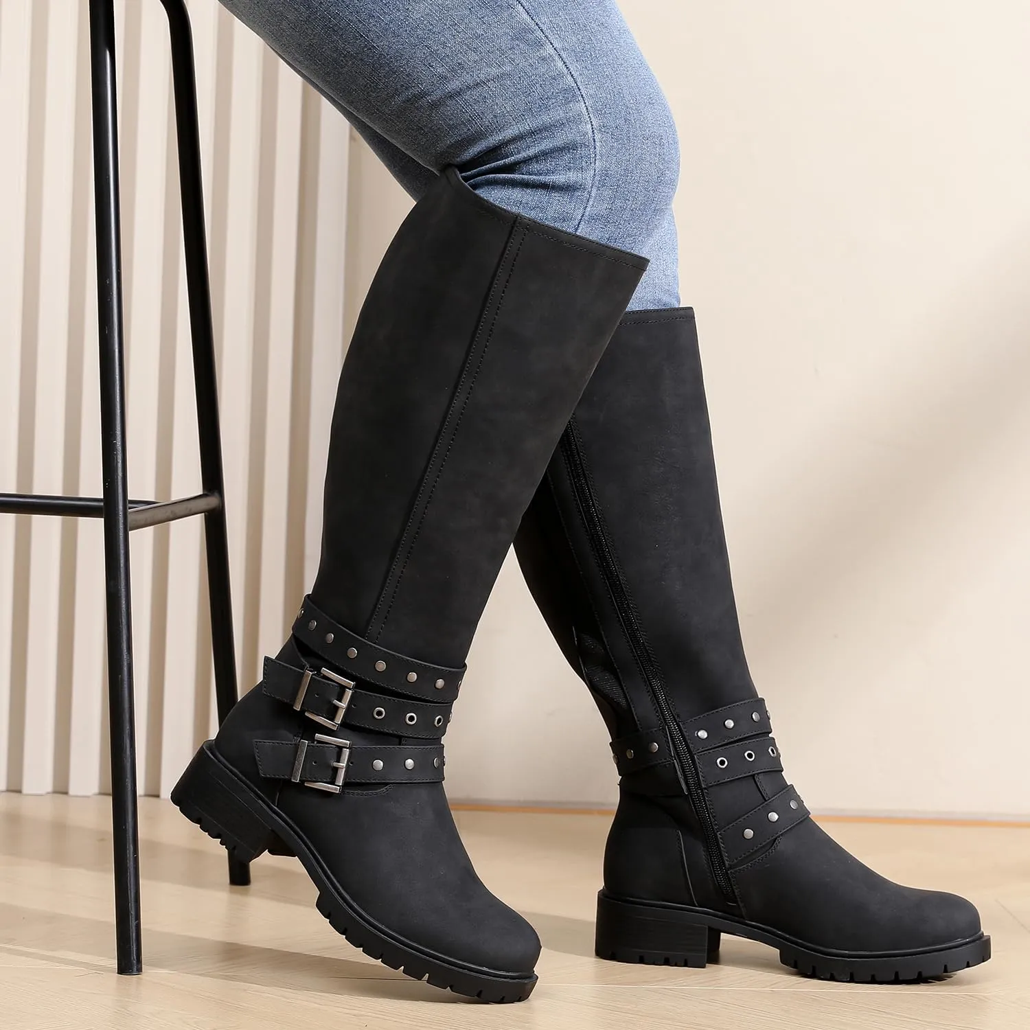Luoika Women's Extra Wide Calf Knee High Boots, Chunky Low Heel Plus Size Boots Motocycle Ridding Boots.