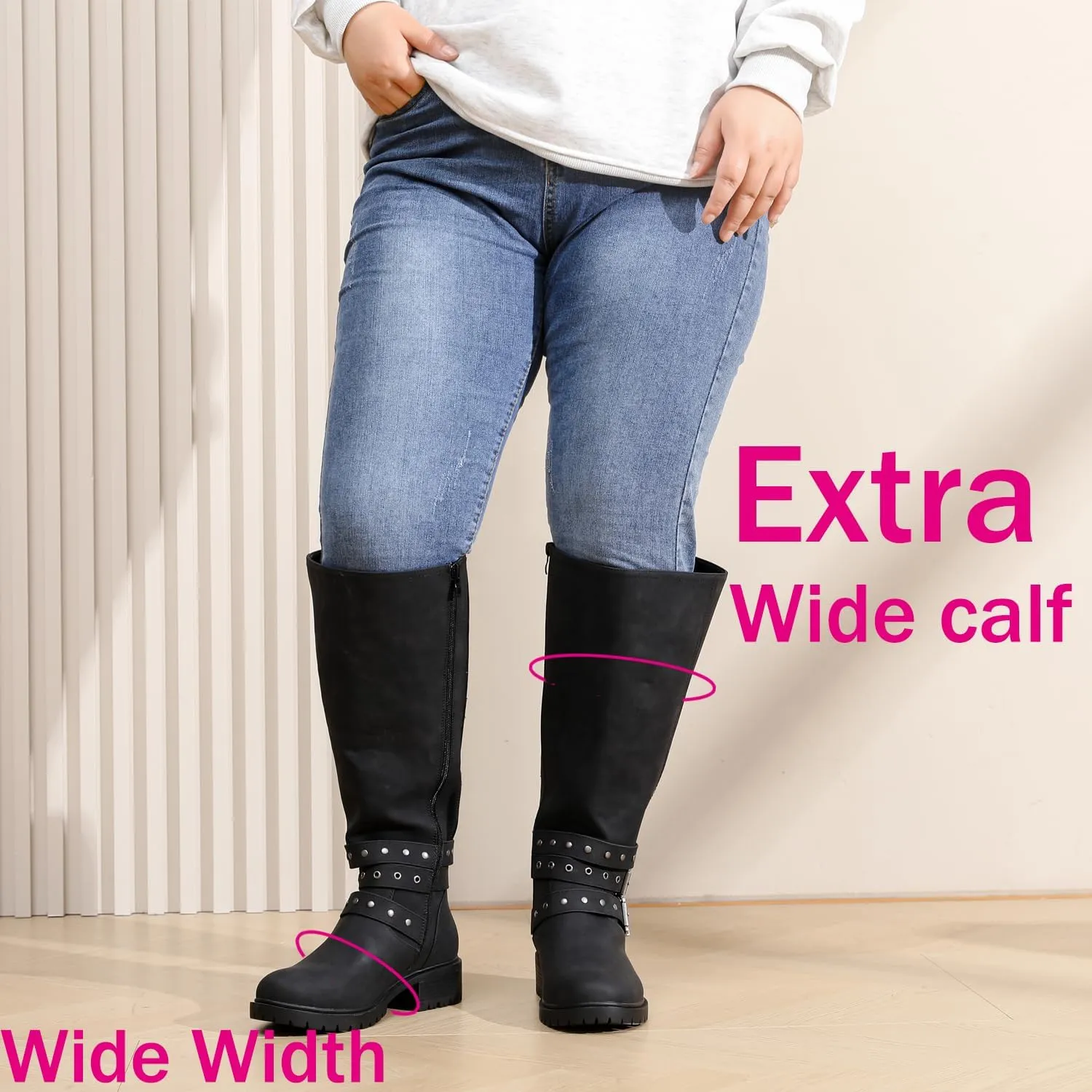 Luoika Women's Extra Wide Calf Knee High Boots, Chunky Low Heel Plus Size Boots Motocycle Ridding Boots.