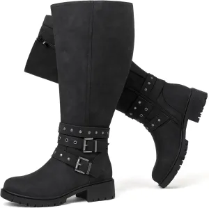 Luoika Women's Extra Wide Calf Knee High Boots, Chunky Low Heel Plus Size Boots Motocycle Ridding Boots.