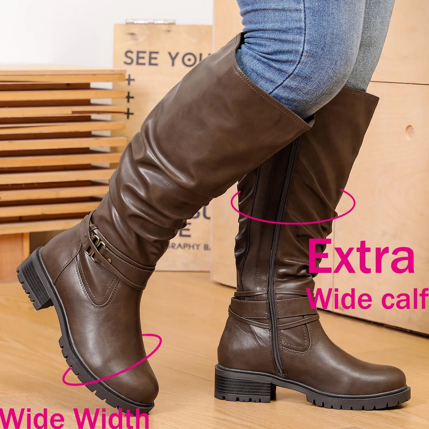Luoika Women's Extra Wide Calf Knee High Boots, Plus Size Slouchy Knee-High Boots Wide Width Low Heel Winter Boots.