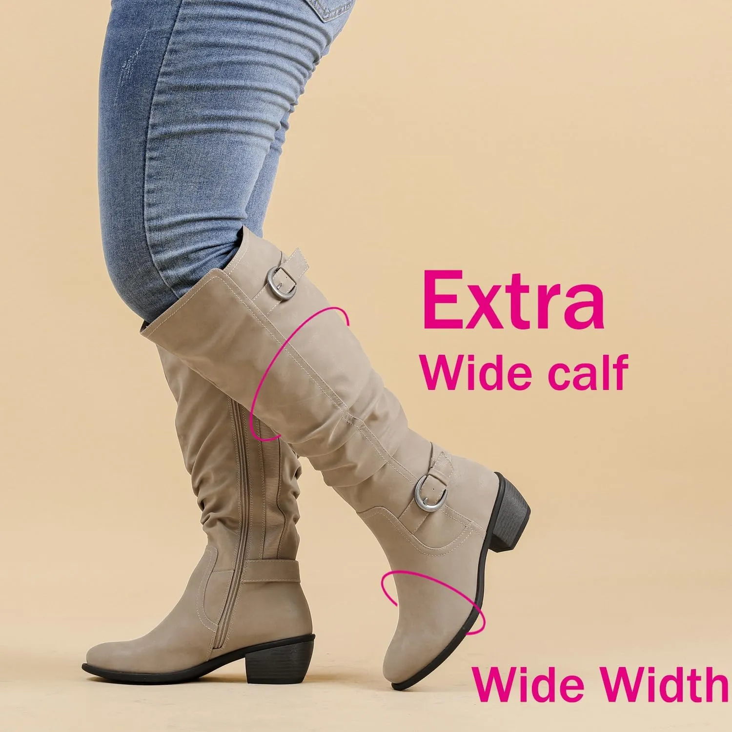 Luoika Women's Extra Wide Calf Knee High Boots, Wide Width Slouchy Knee-High Boots Low Stacked Heel Winter Fall Plus Size Boots.