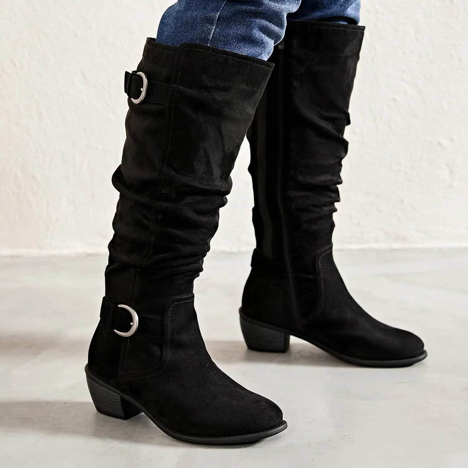 Luoika Women's Extra Wide Calf Knee High Boots, Wide Width Slouchy Knee-High Boots Low Stacked Heel Winter Fall Plus Size Boots.