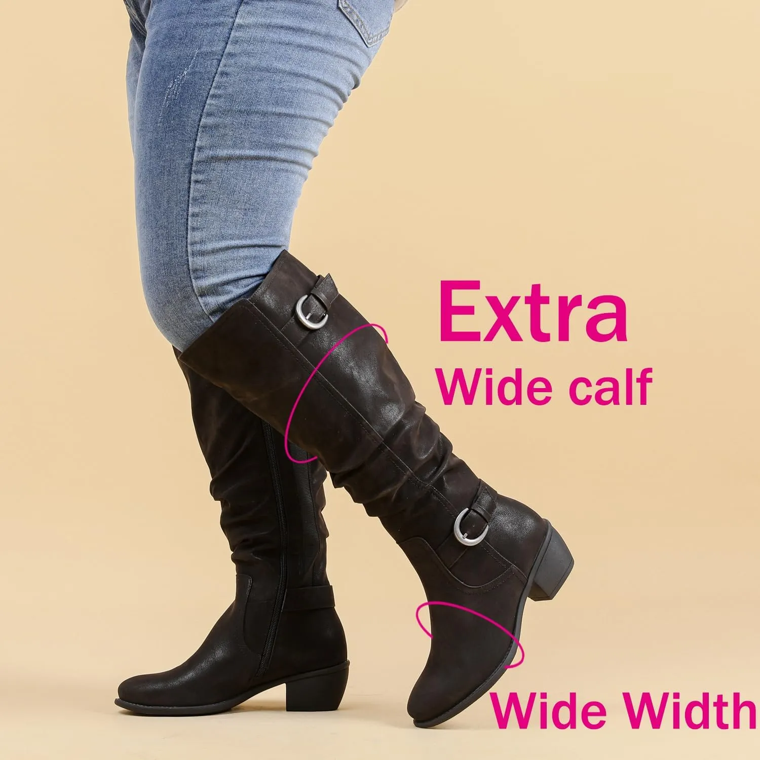 Luoika Women's Extra Wide Calf Knee High Boots, Wide Width Slouchy Knee-High Boots Low Stacked Heel Winter Fall Plus Size Boots.
