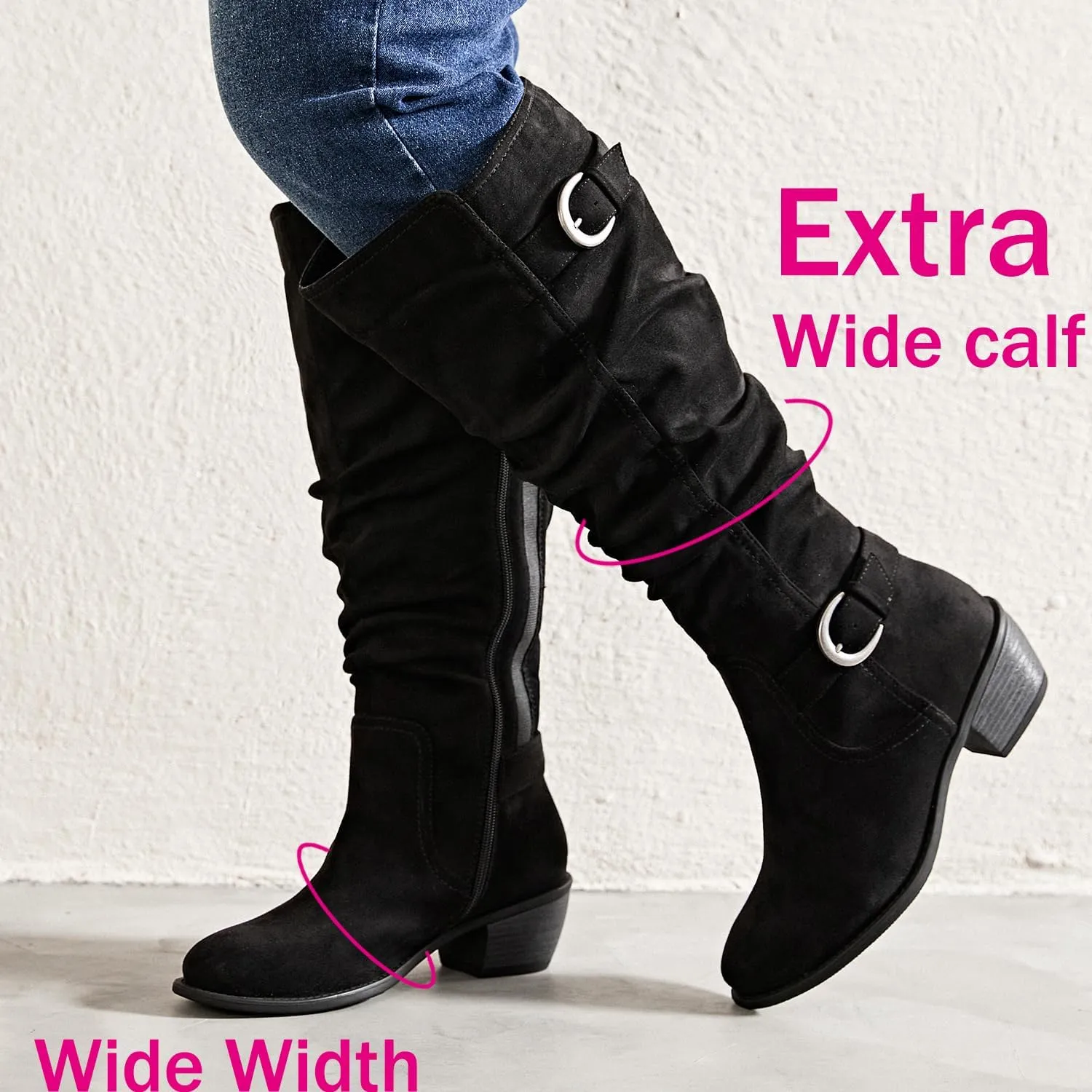 Luoika Women's Extra Wide Calf Knee High Boots, Wide Width Slouchy Knee-High Boots Low Stacked Heel Winter Fall Plus Size Boots.