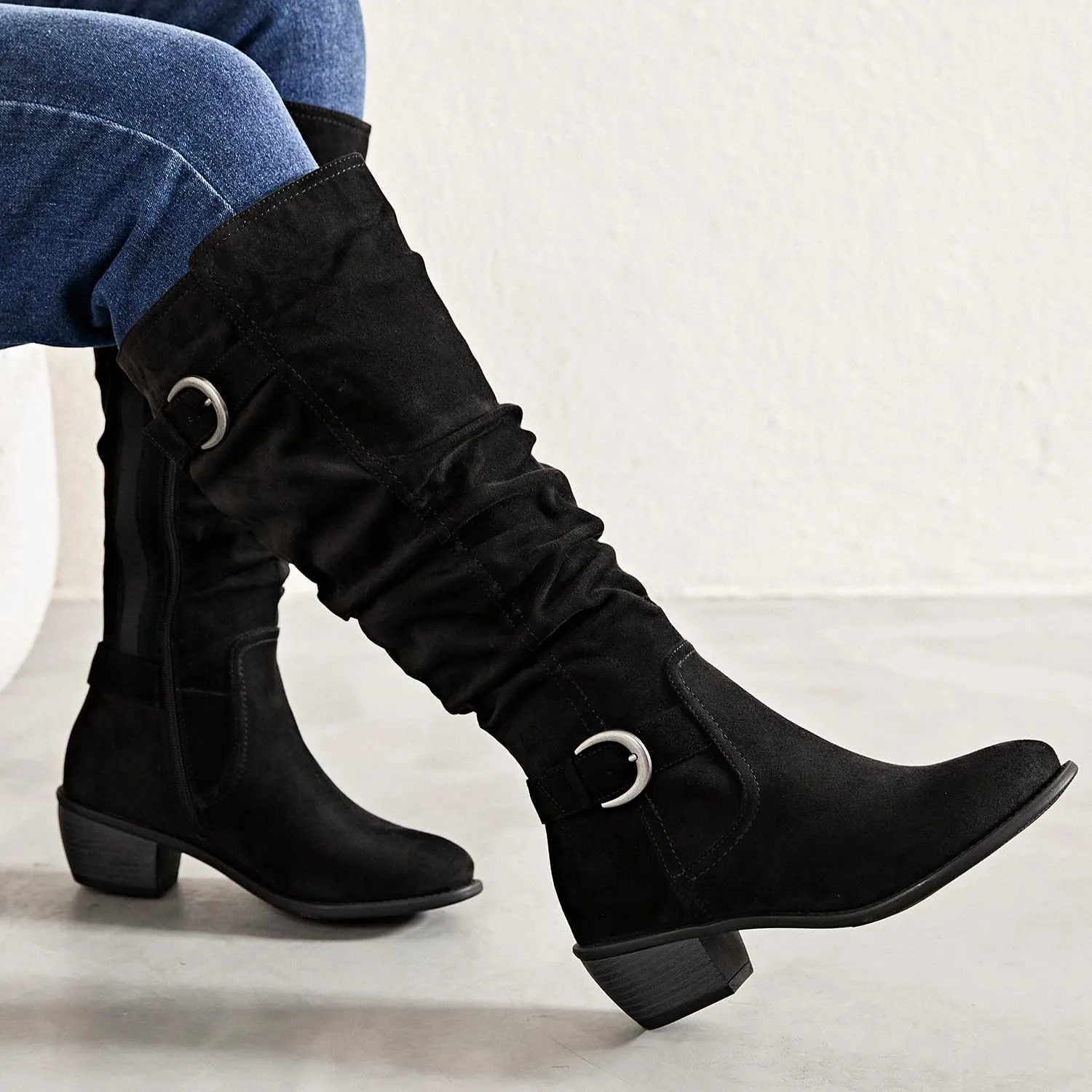 Luoika Women's Extra Wide Calf Knee High Boots, Wide Width Slouchy Knee-High Boots Low Stacked Heel Winter Fall Plus Size Boots.