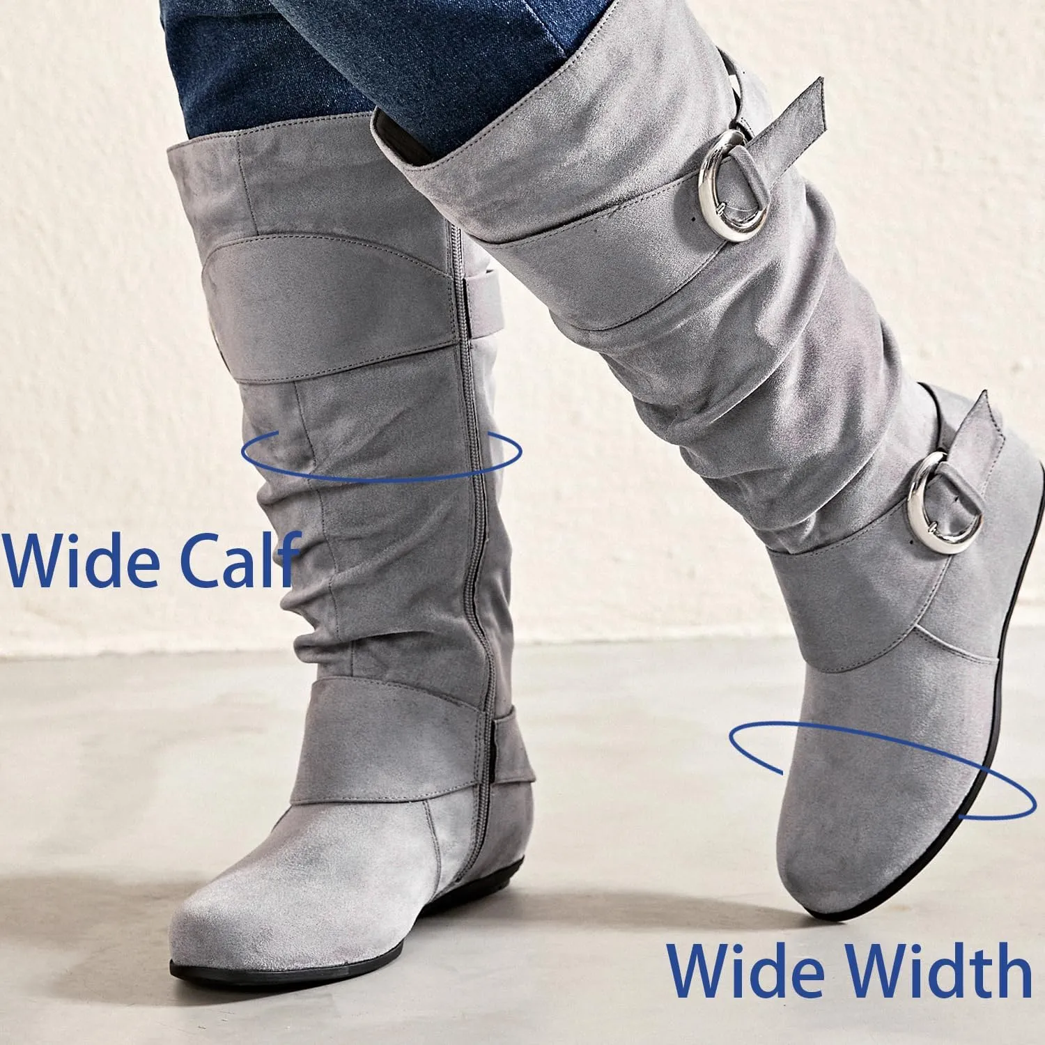 Luoika Women's Extra Wide Calf Knee High Slouchy Boots, Wide Width Tall Boots with Flat Heel Side Zipper.
