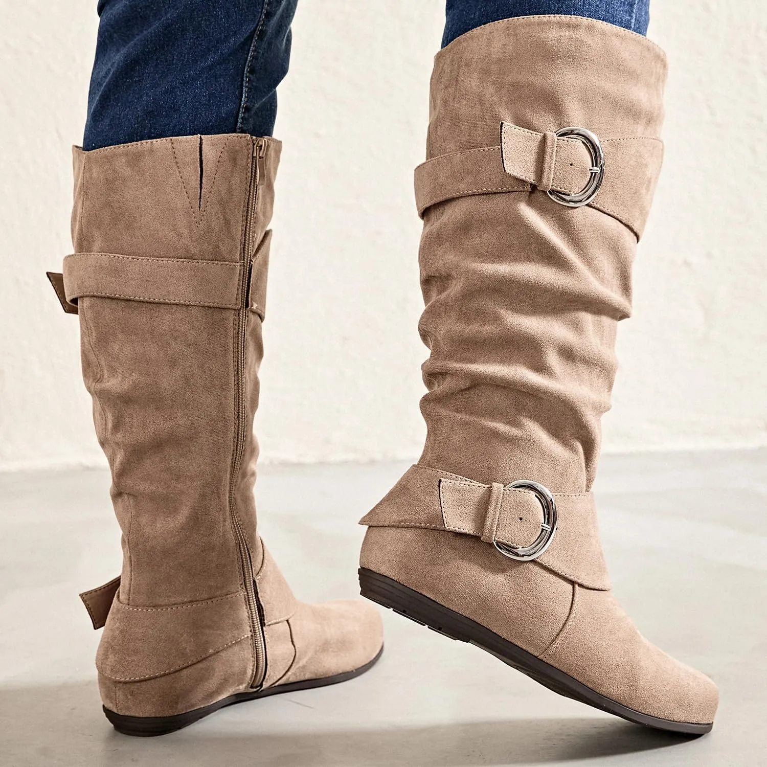 Luoika Women's Extra Wide Calf Knee High Slouchy Boots, Wide Width Tall Boots with Flat Heel Side Zipper.