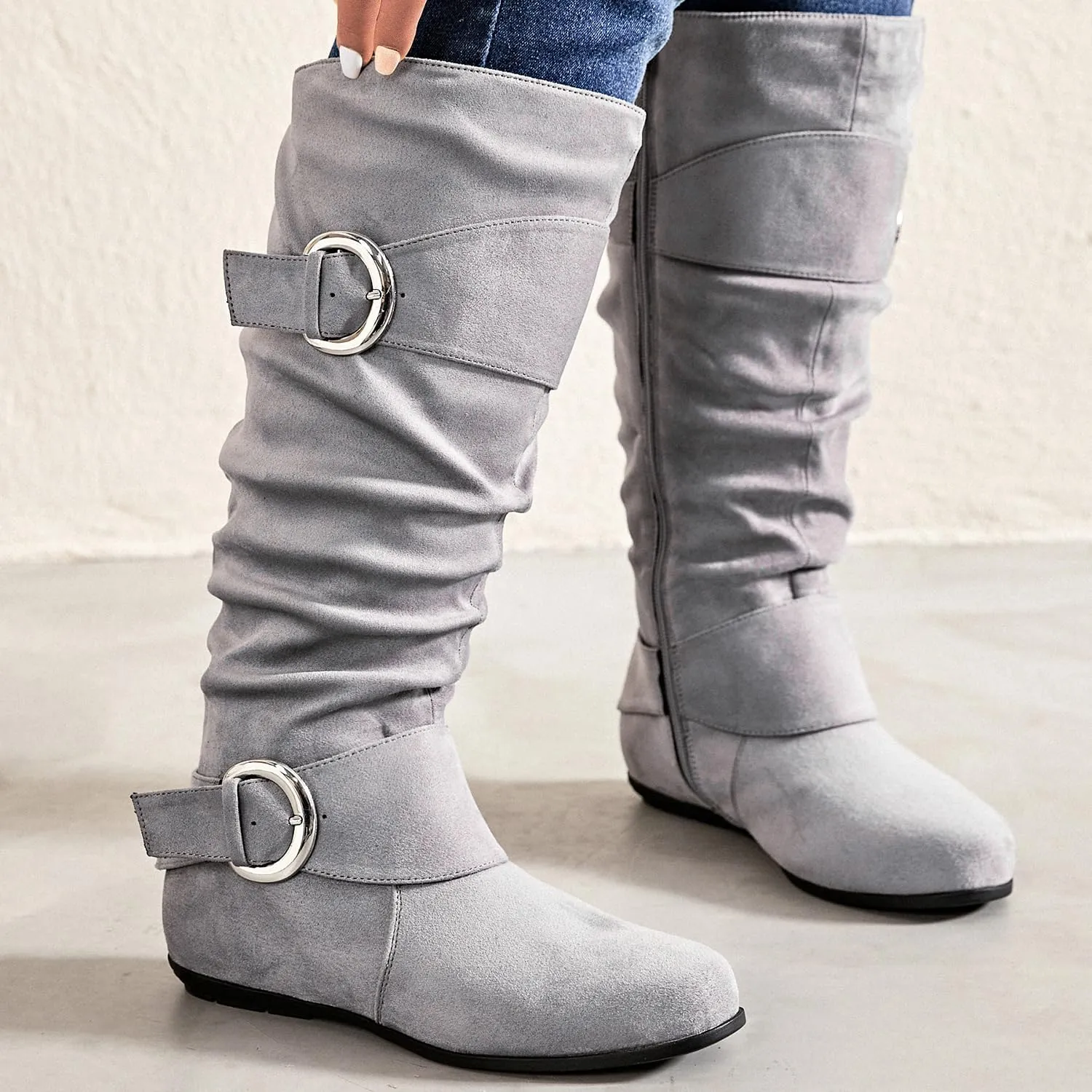 Luoika Women's Extra Wide Calf Knee High Slouchy Boots, Wide Width Tall Boots with Flat Heel Side Zipper.