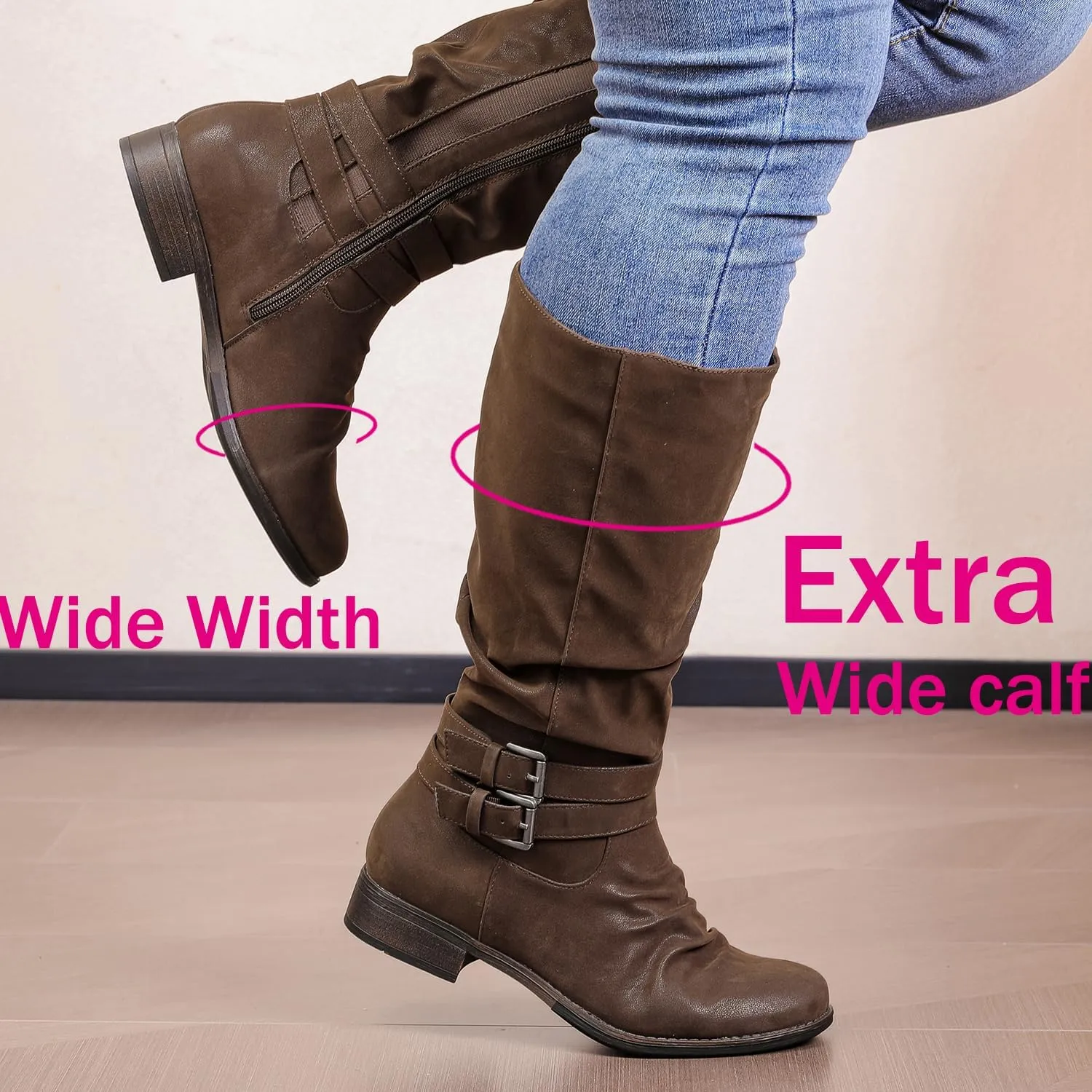 Luoika Women's Extra Wide Calf Slouchy Boots, Wide Width Flat Heel Mid Calf Boots for Women.