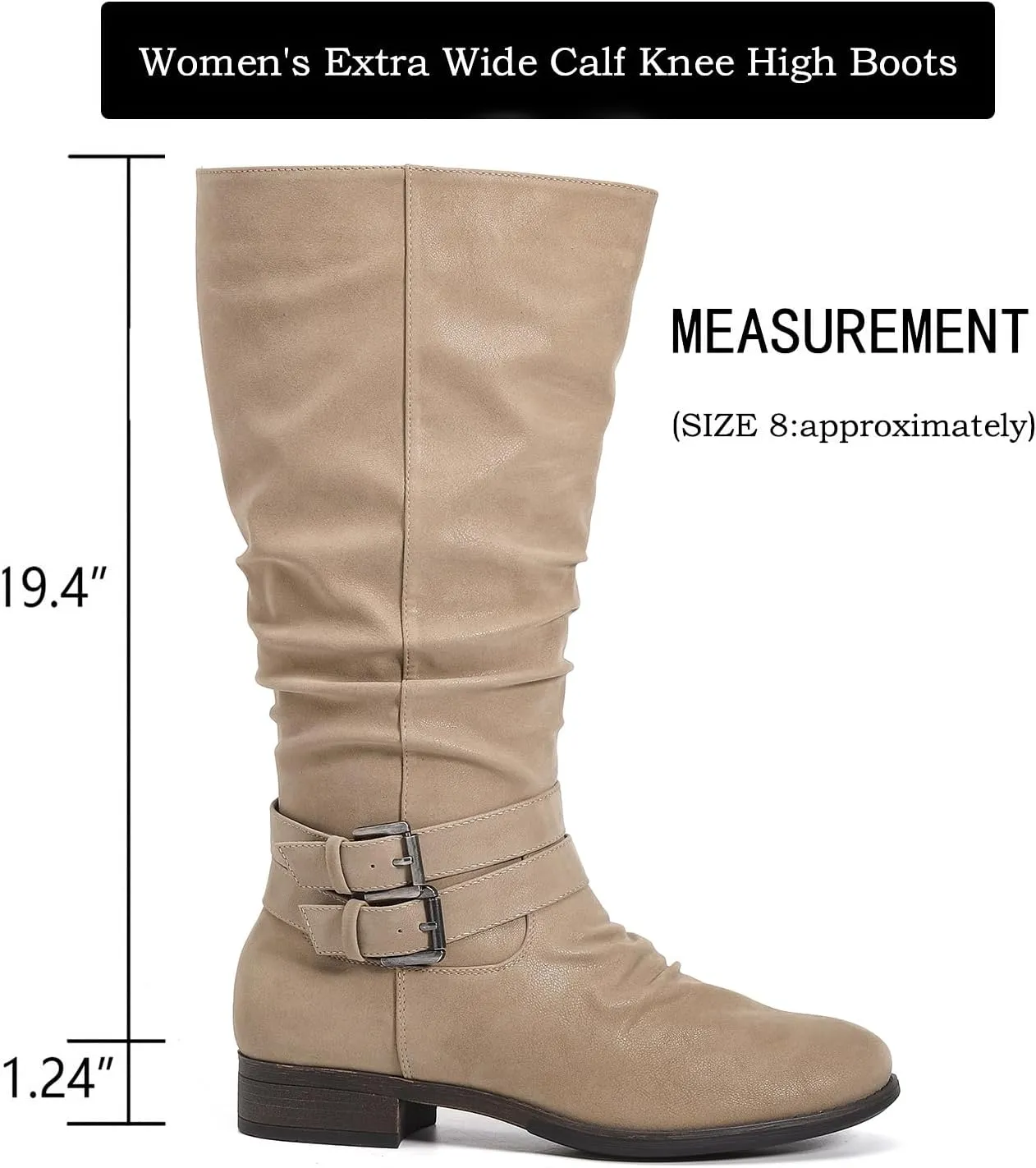 Luoika Women's Extra Wide Calf Slouchy Boots, Wide Width Flat Heel Mid Calf Boots for Women.