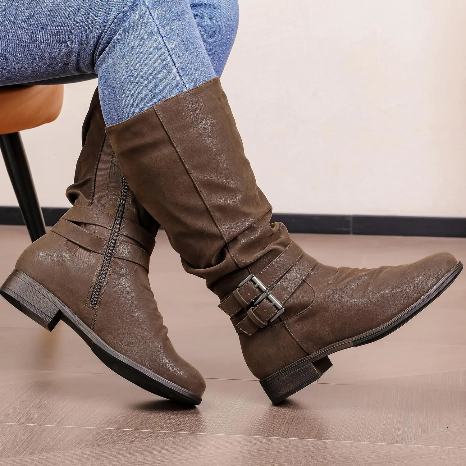 Luoika Women's Extra Wide Calf Slouchy Boots, Wide Width Flat Heel Mid Calf Boots for Women.