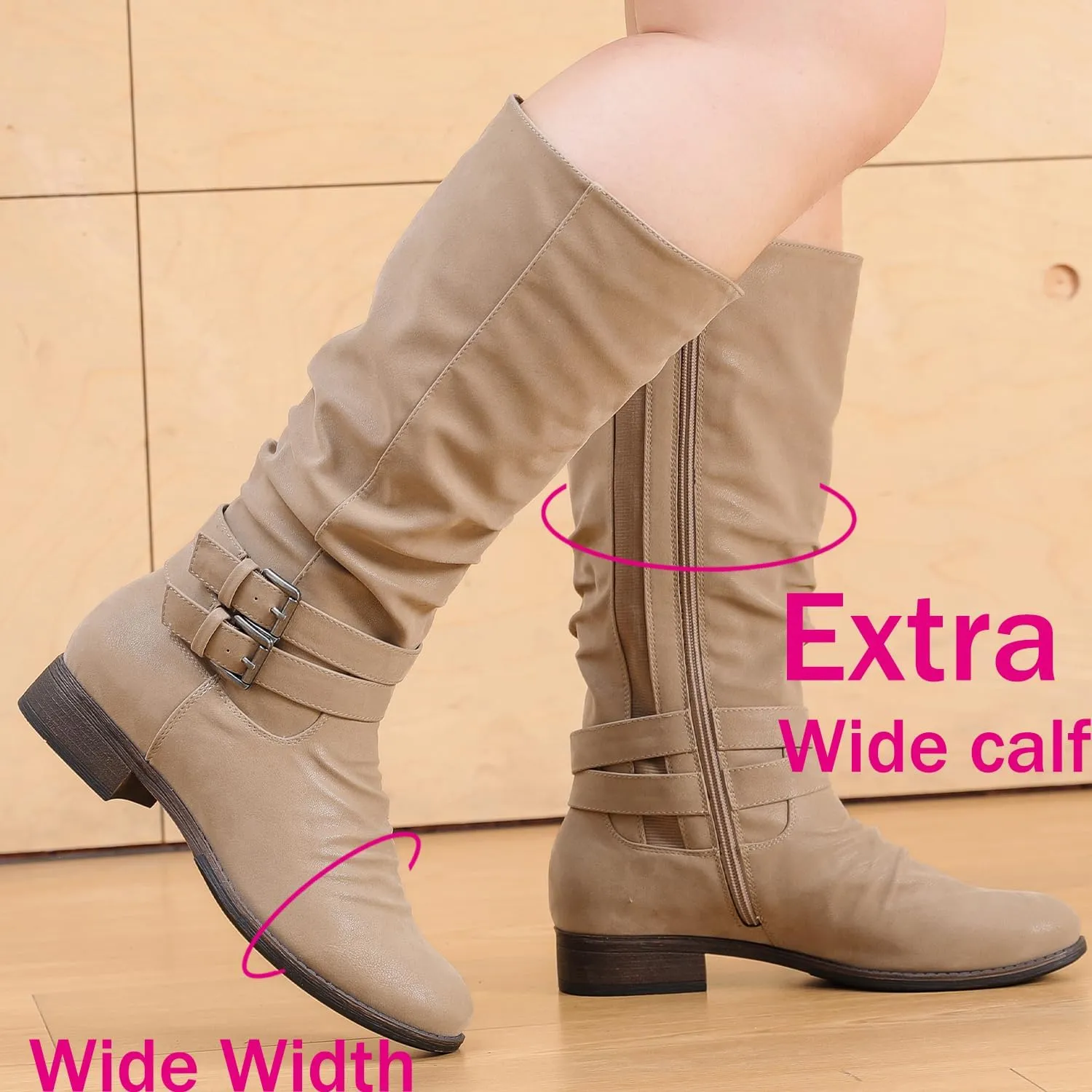 Luoika Women's Extra Wide Calf Slouchy Boots, Wide Width Flat Heel Mid Calf Boots for Women.