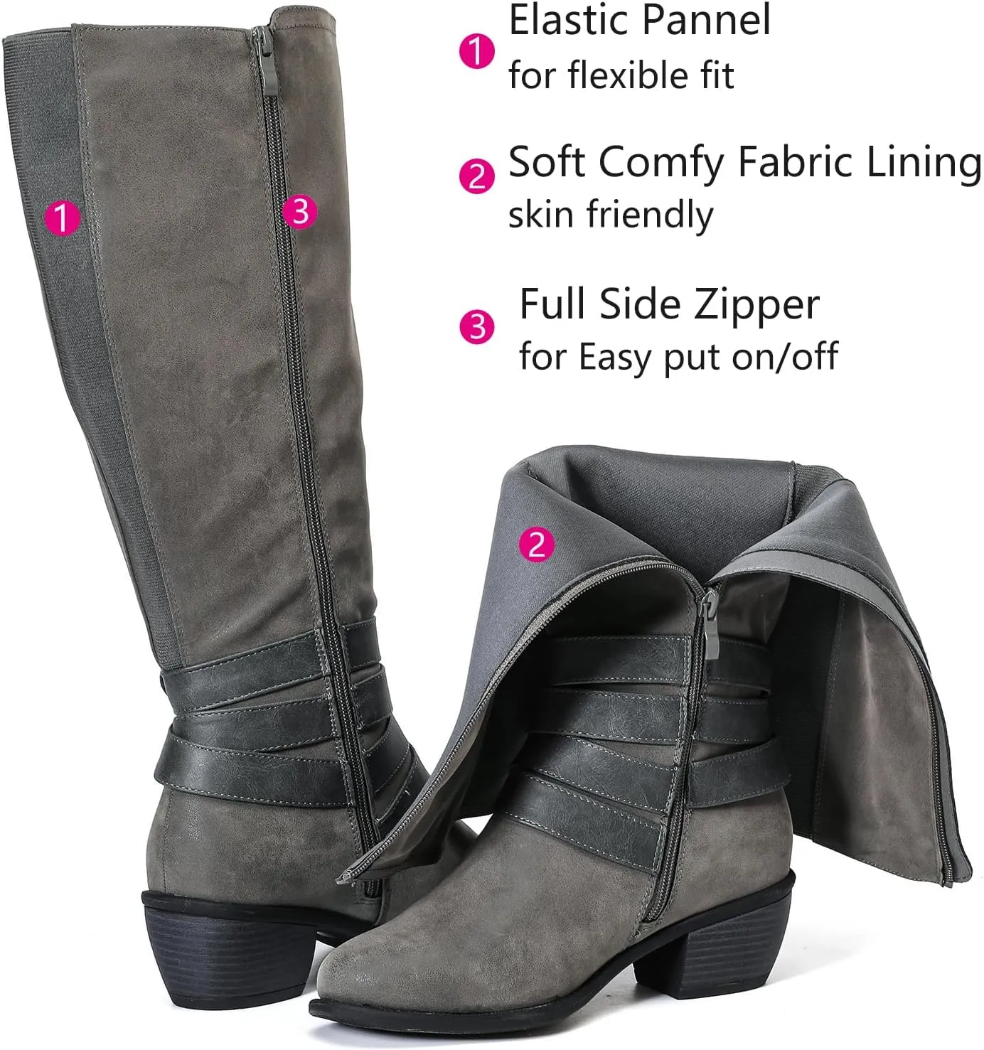 Luoika Women's Extra Wide Calf Slouchy Knee High Boots, Wide Width Knee-High Boots Low Stacked Heel Side Zipper Winter Fall Tall Boots.