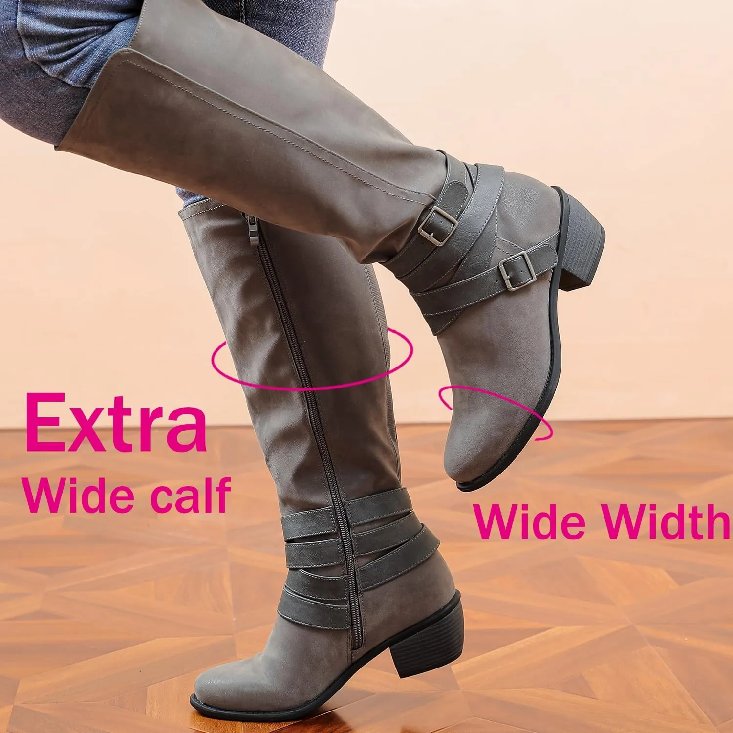 Luoika Women's Extra Wide Calf Slouchy Knee High Boots, Wide Width Knee-High Boots Low Stacked Heel Side Zipper Winter Fall Tall Boots.