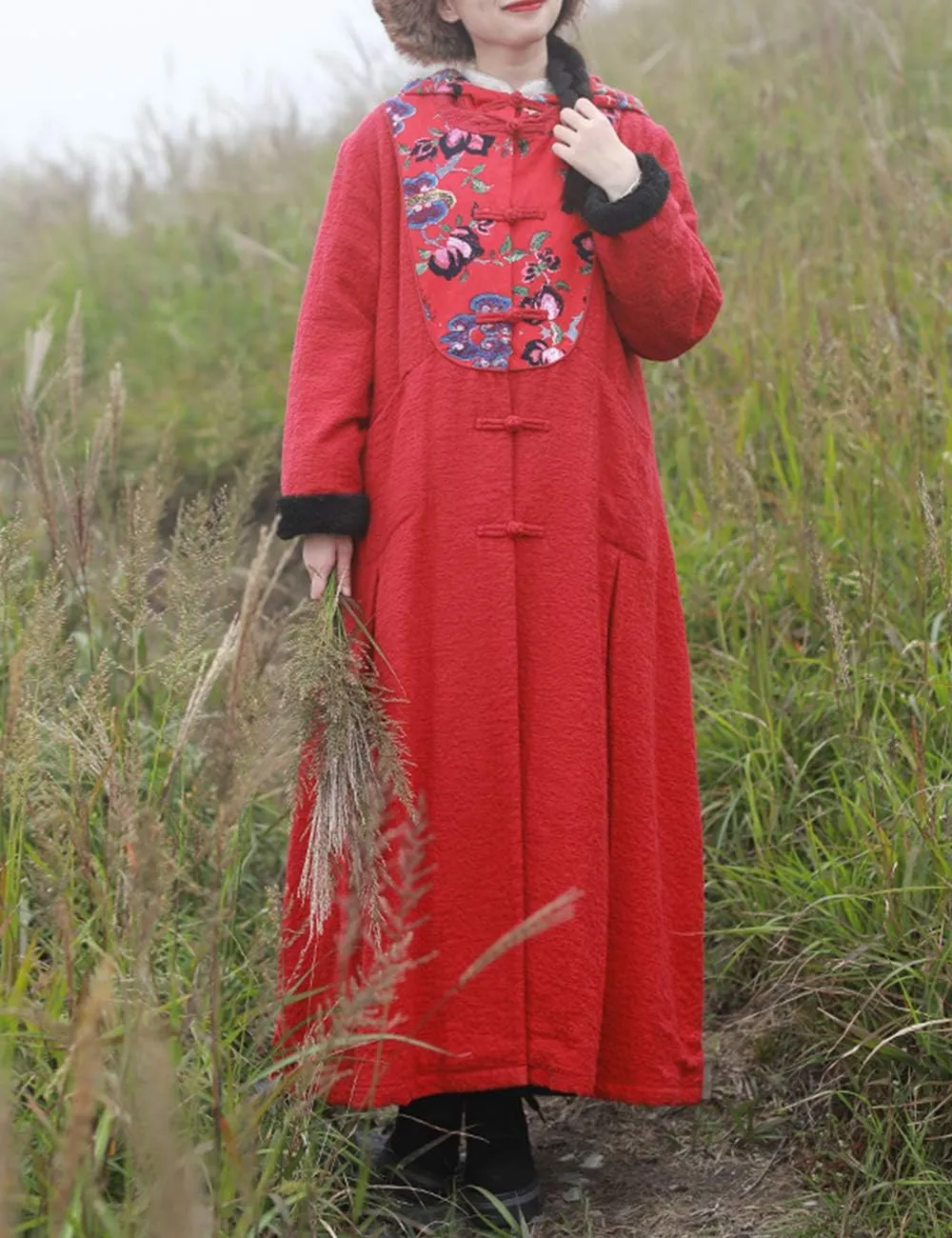 LZJN Women's Winter Maxi Coat Thick Warm Hooded Jacket Vintage Chinese Long Walking Trench Coat
