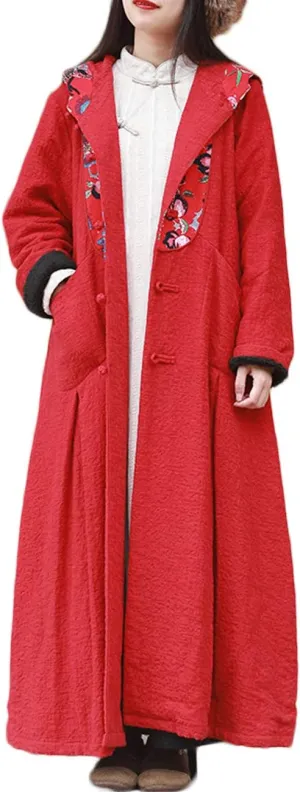 LZJN Women's Winter Maxi Coat Thick Warm Hooded Jacket Vintage Chinese Long Walking Trench Coat
