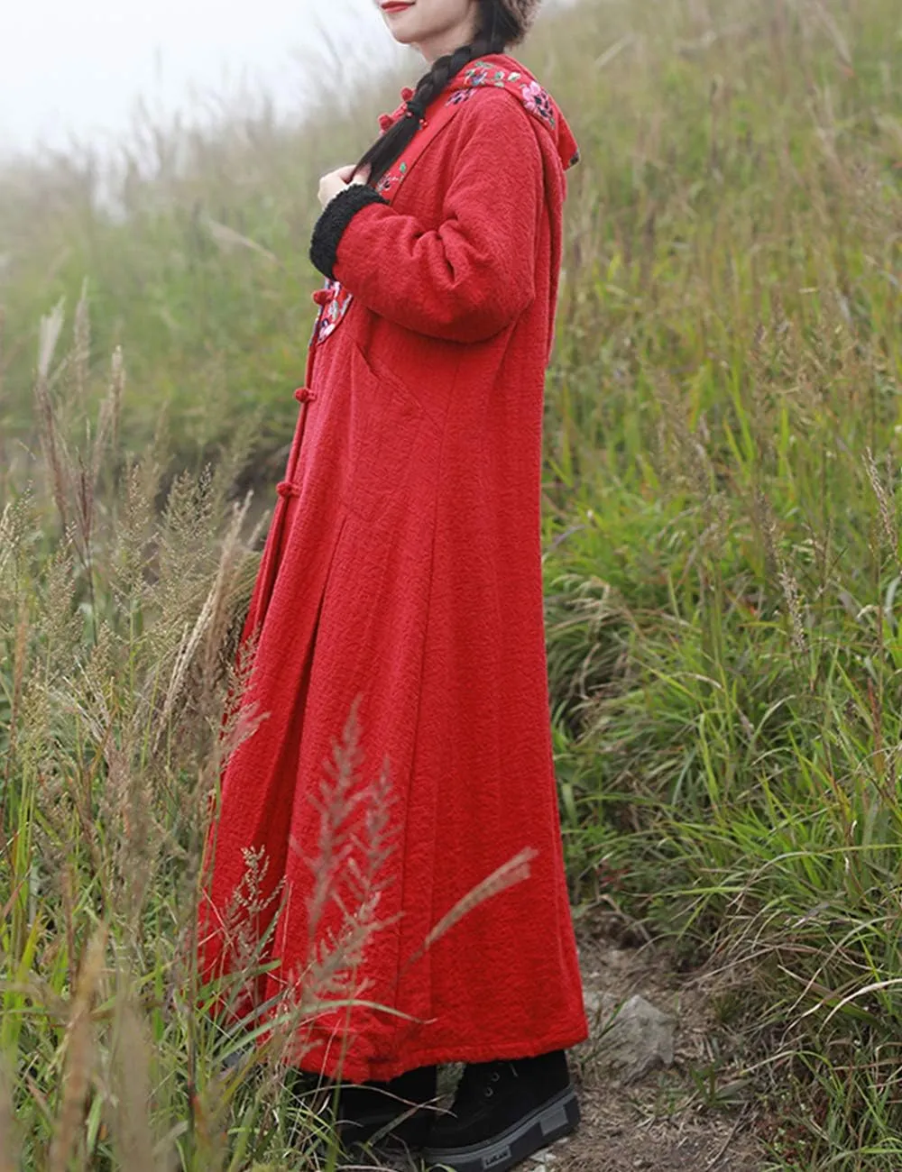 LZJN Women's Winter Maxi Coat Thick Warm Hooded Jacket Vintage Chinese Long Walking Trench Coat