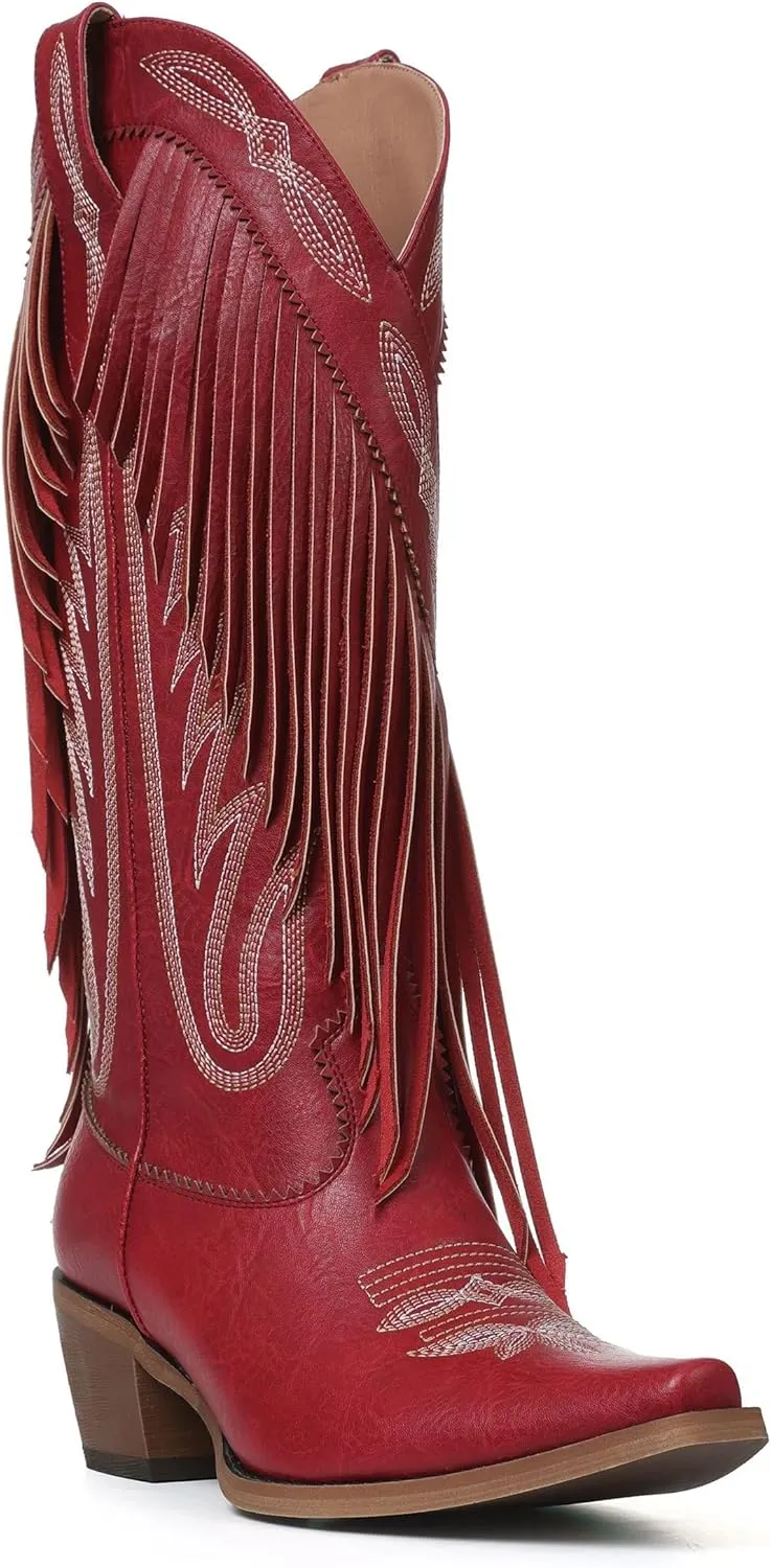 Mattiventon Cowboy Boots for Women Fringe Knee High Cowgirl Western Boots with Classic Embroidery Pointed Toe Chunky Heel for Weddings Parties