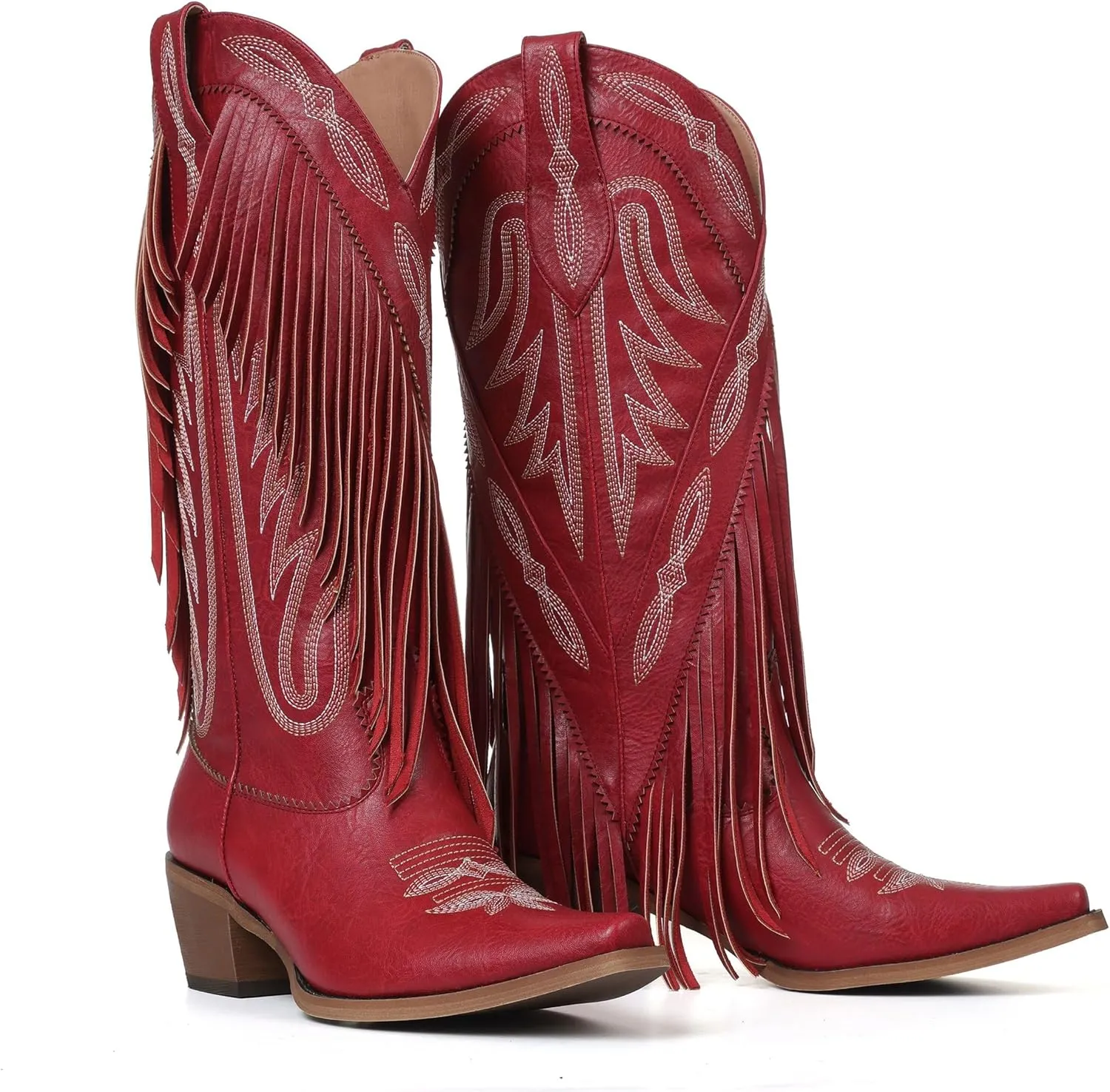 Mattiventon Cowboy Boots for Women Fringe Knee High Cowgirl Western Boots with Classic Embroidery Pointed Toe Chunky Heel for Weddings Parties