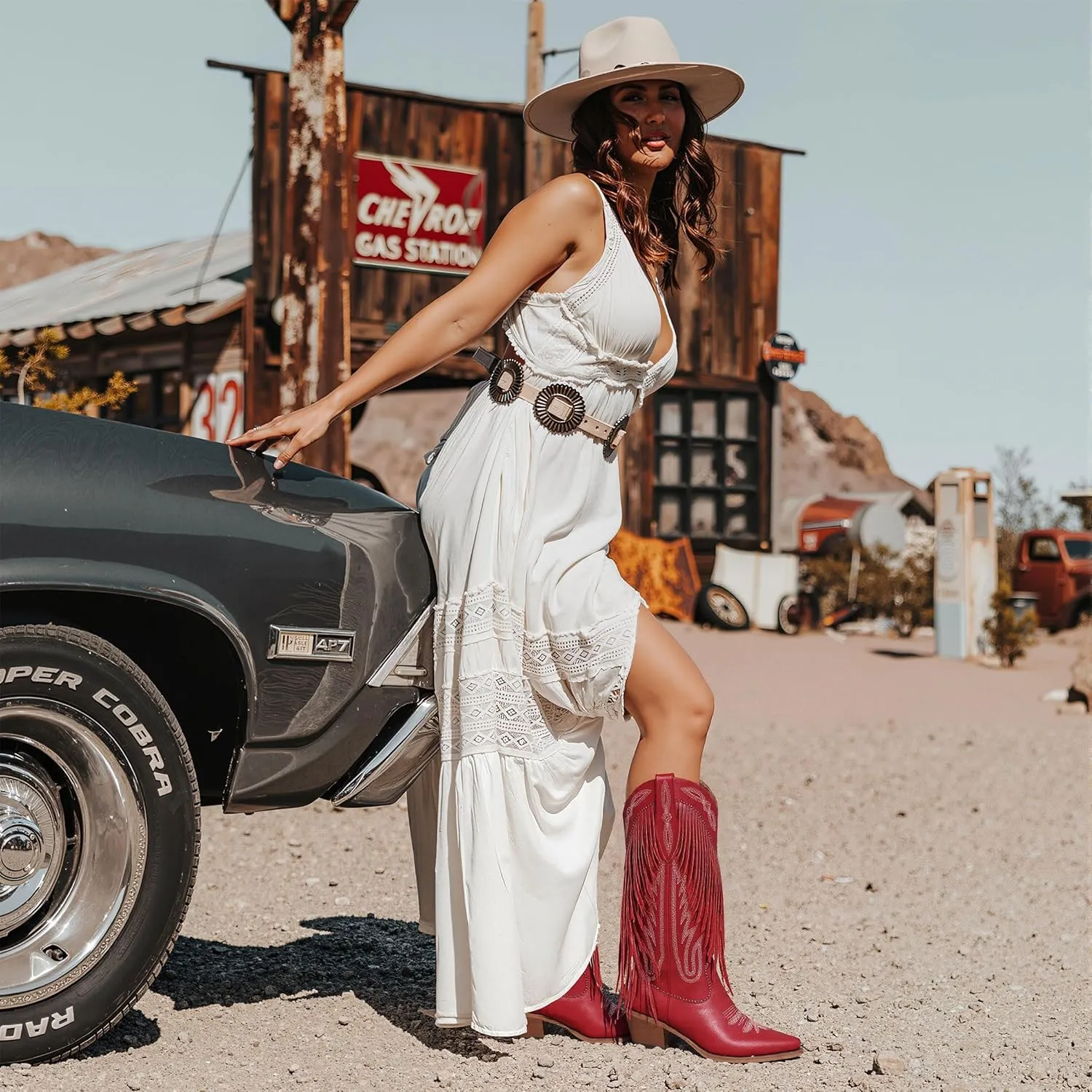 Mattiventon Cowboy Boots for Women Fringe Knee High Cowgirl Western Boots with Classic Embroidery Pointed Toe Chunky Heel for Weddings Parties