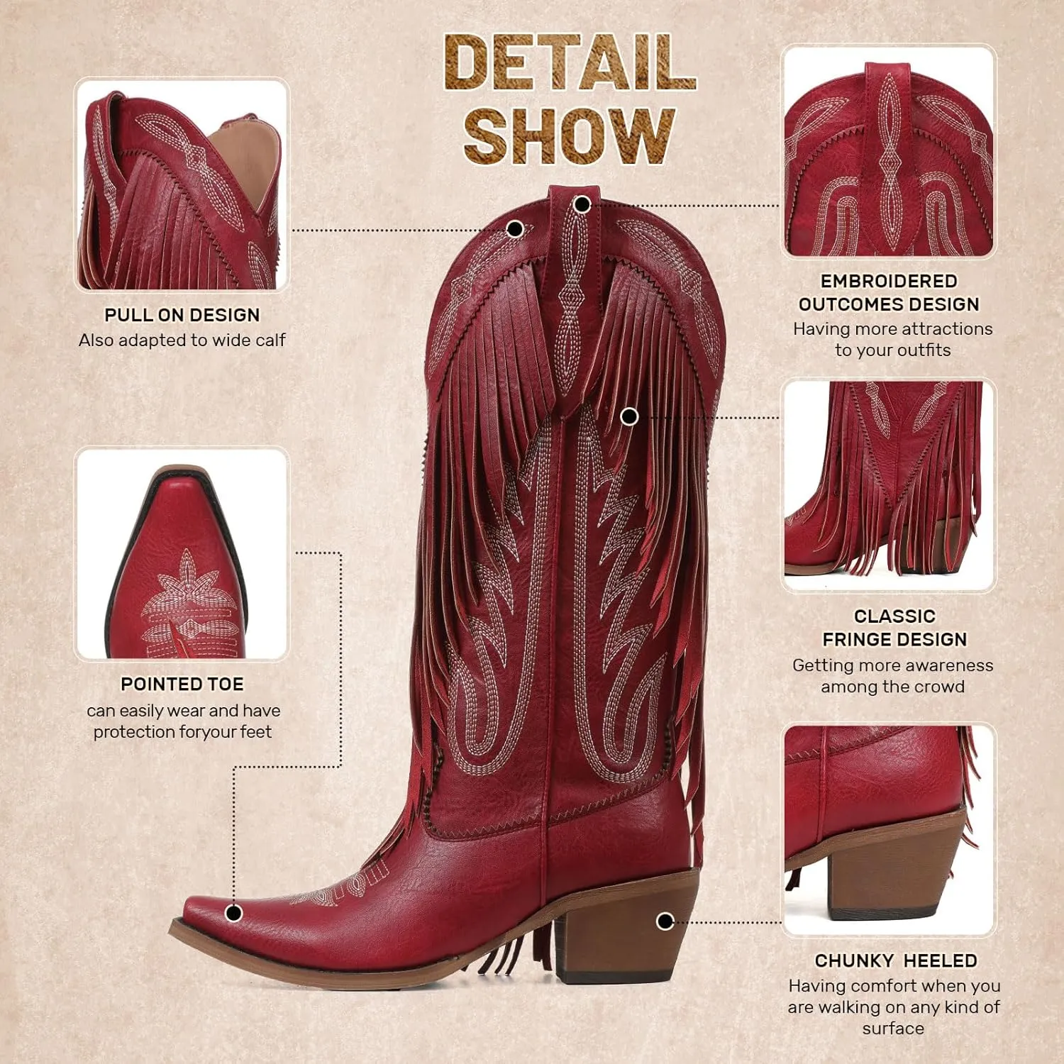 Mattiventon Cowboy Boots for Women Fringe Knee High Cowgirl Western Boots with Classic Embroidery Pointed Toe Chunky Heel for Weddings Parties