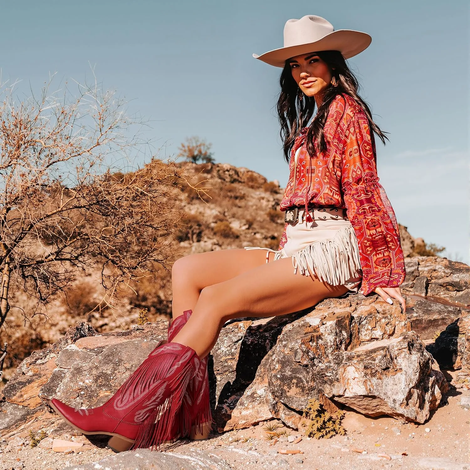 Mattiventon Cowboy Boots for Women Fringe Knee High Cowgirl Western Boots with Classic Embroidery Pointed Toe Chunky Heel for Weddings Parties