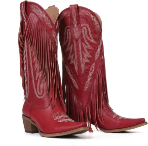 Mattiventon Cowboy Boots for Women Fringe Knee High Cowgirl Western Boots with Classic Embroidery Pointed Toe Chunky Heel for Weddings Parties