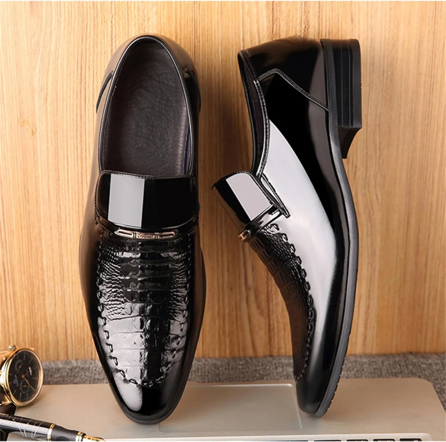 Men Wedding Tuxedo Shoes Crocodile Printed Formal Oxfords Shoes Pointed Toe Slip-on Patent Leather Dress Shoes