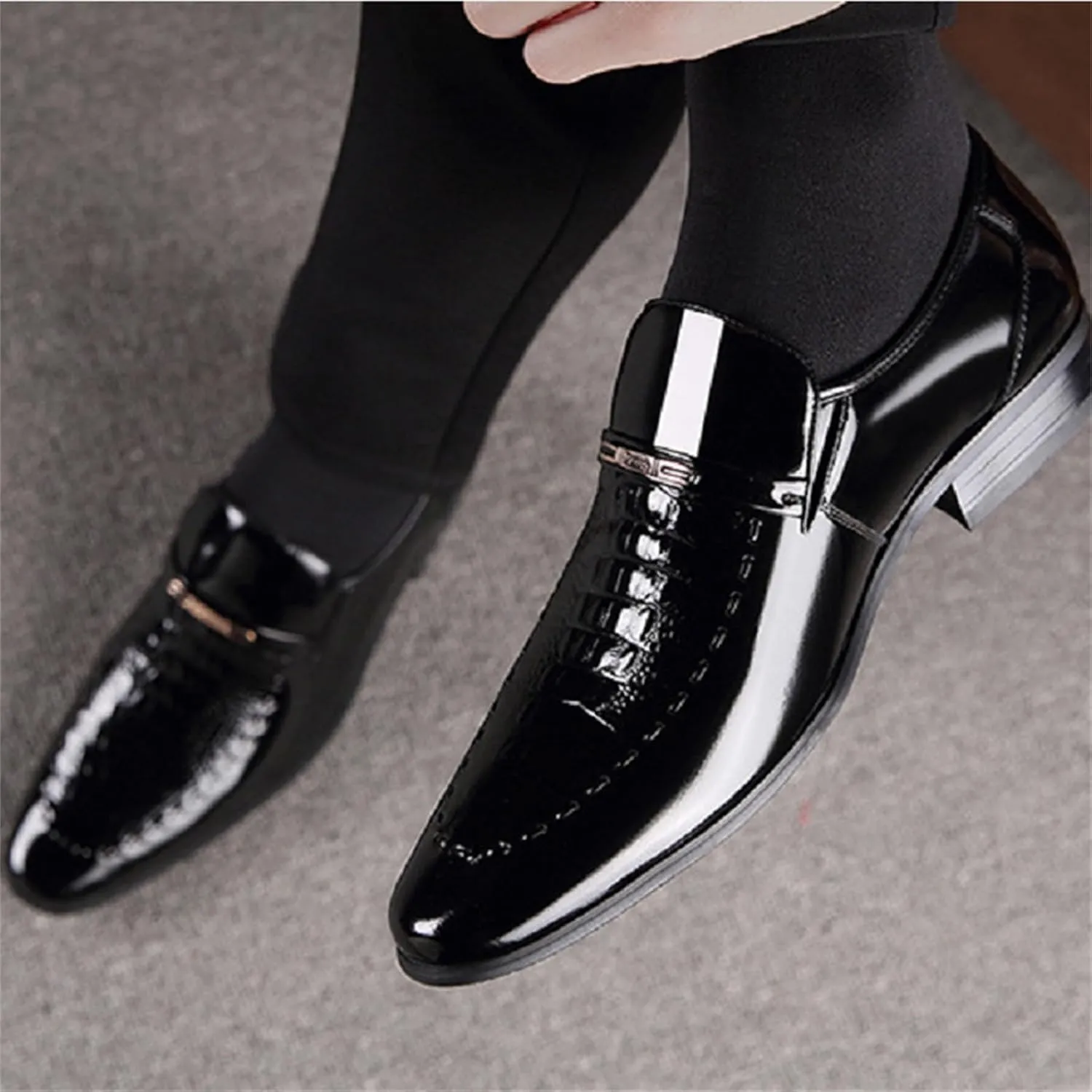 Men Wedding Tuxedo Shoes Crocodile Printed Formal Oxfords Shoes Pointed Toe Slip-on Patent Leather Dress Shoes
