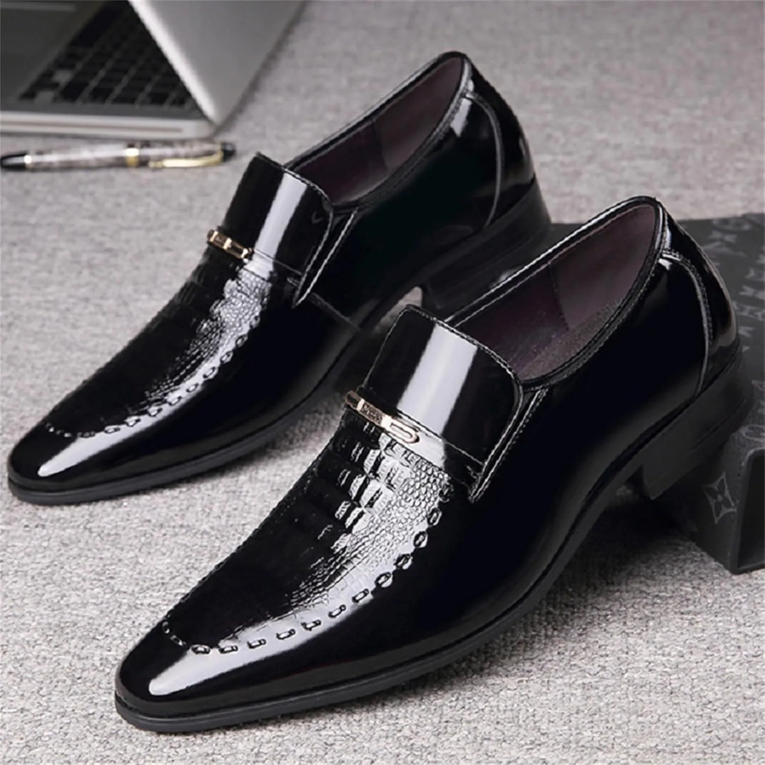 Men Wedding Tuxedo Shoes Crocodile Printed Formal Oxfords Shoes Pointed Toe Slip-on Patent Leather Dress Shoes