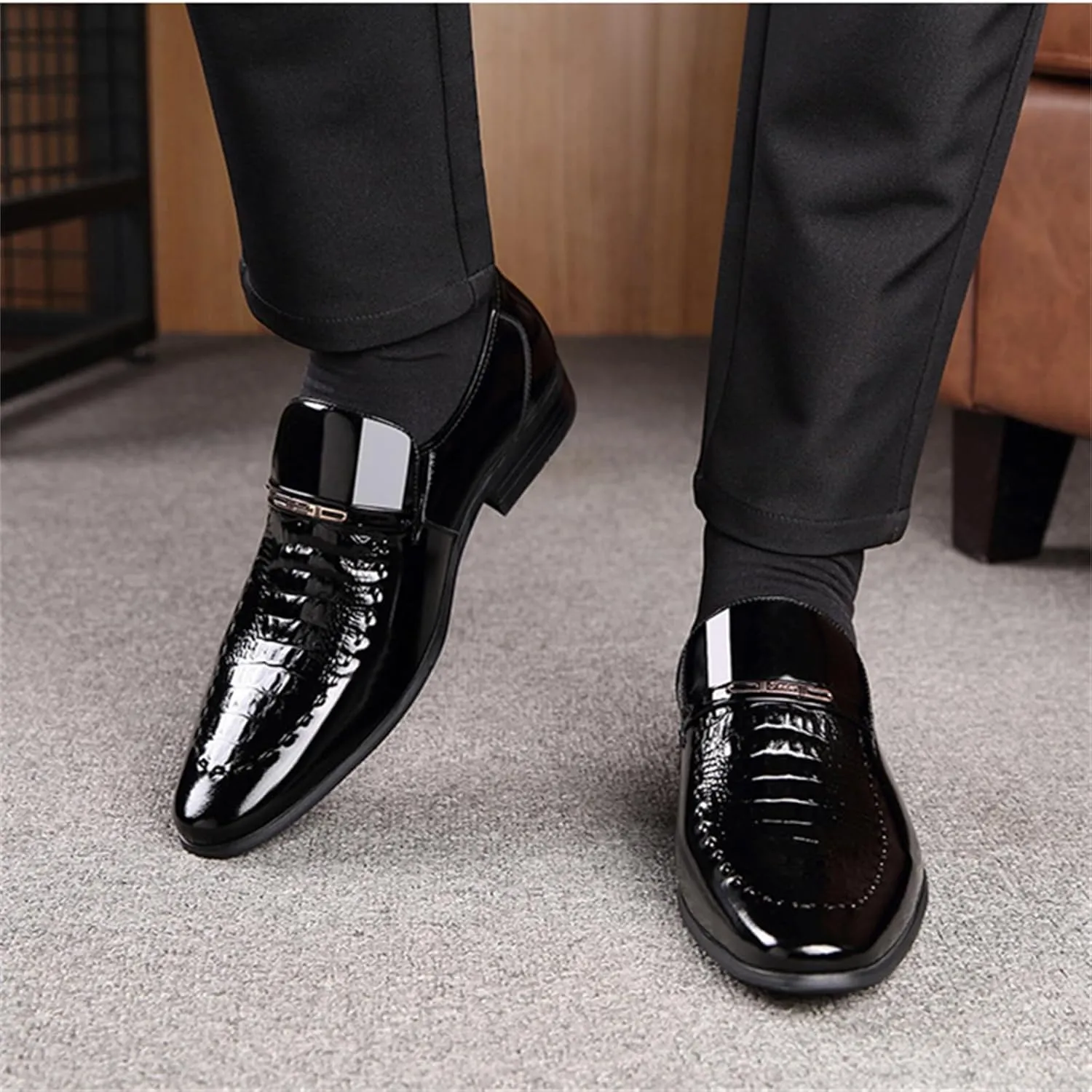 Men Wedding Tuxedo Shoes Crocodile Printed Formal Oxfords Shoes Pointed Toe Slip-on Patent Leather Dress Shoes