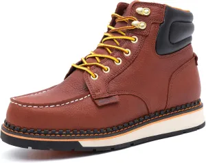 Men's 6 Inch Soft Moc Toe Work Boot, Premium Full-Grain Leather, Abrasion & Oil & Slip Toughest Wedge Sole, EH Rated, Arch Support Anti Fatigue