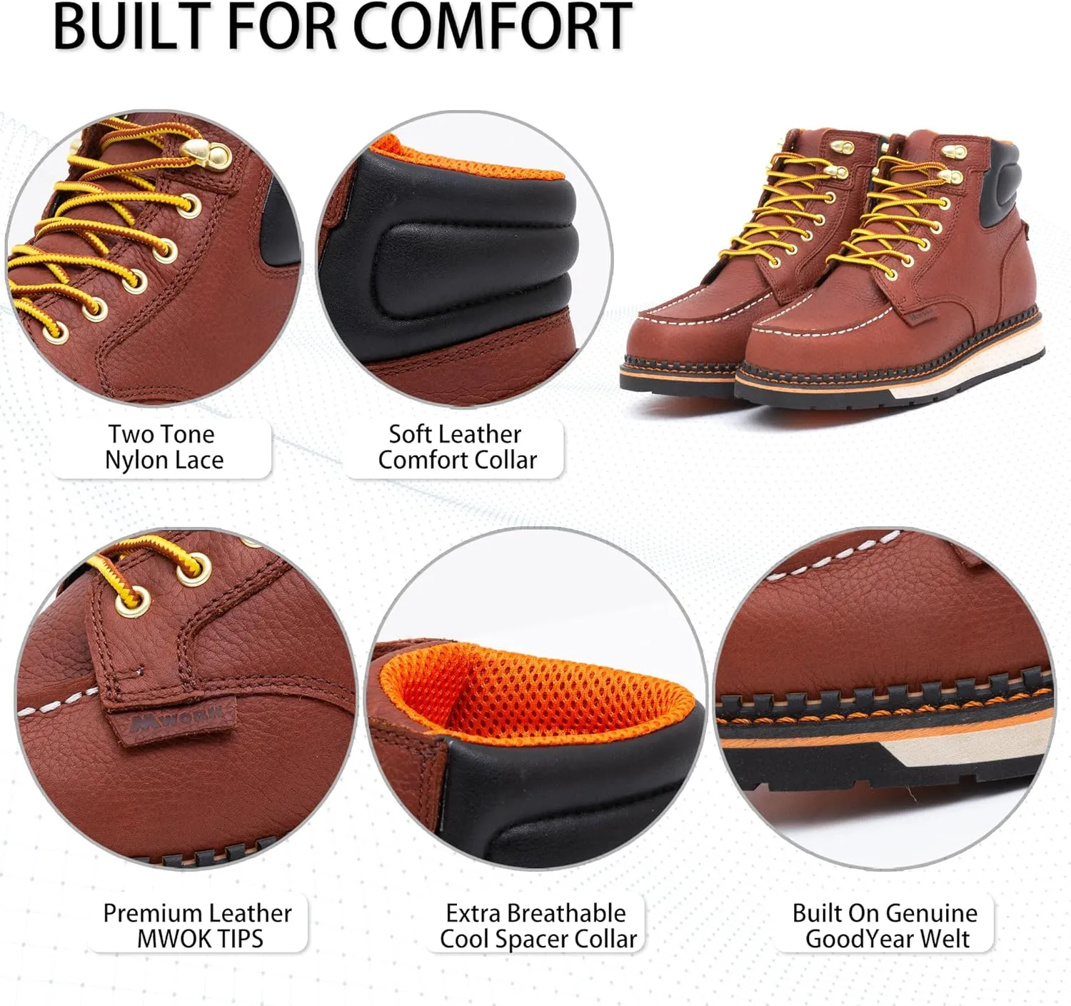 Men's 6 Inch Soft Moc Toe Work Boot, Premium Full-Grain Leather, Abrasion & Oil & Slip Toughest Wedge Sole, EH Rated, Arch Support Anti Fatigue