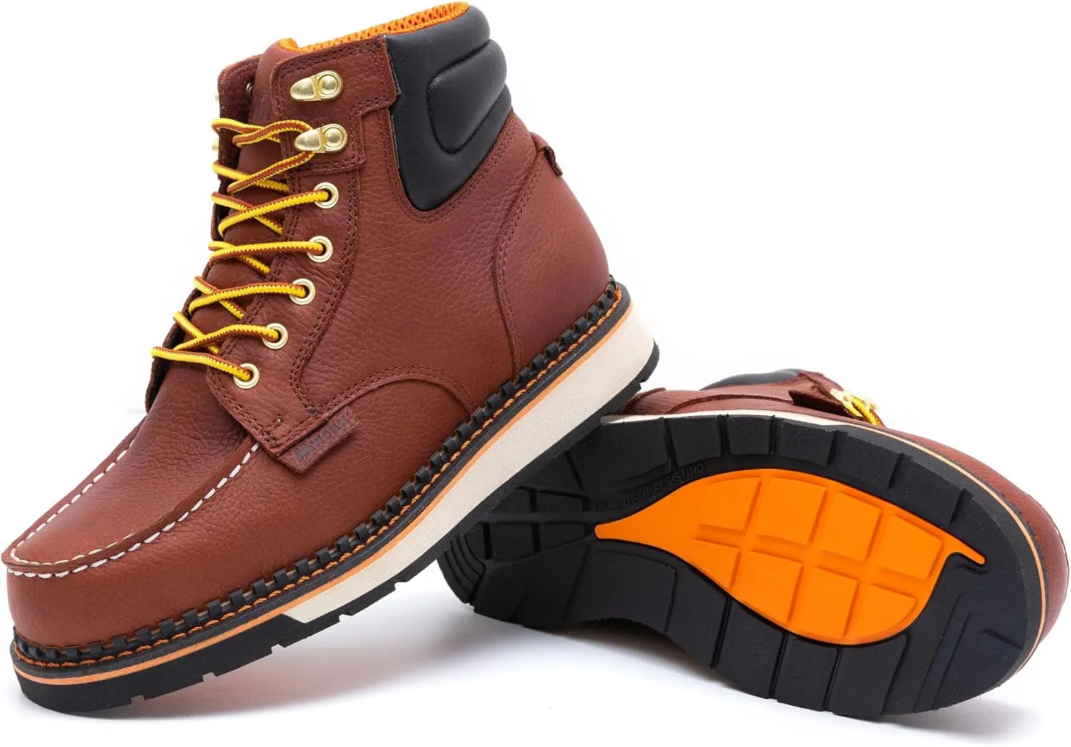 Men's 6 Inch Soft Moc Toe Work Boot, Premium Full-Grain Leather, Abrasion & Oil & Slip Toughest Wedge Sole, EH Rated, Arch Support Anti Fatigue